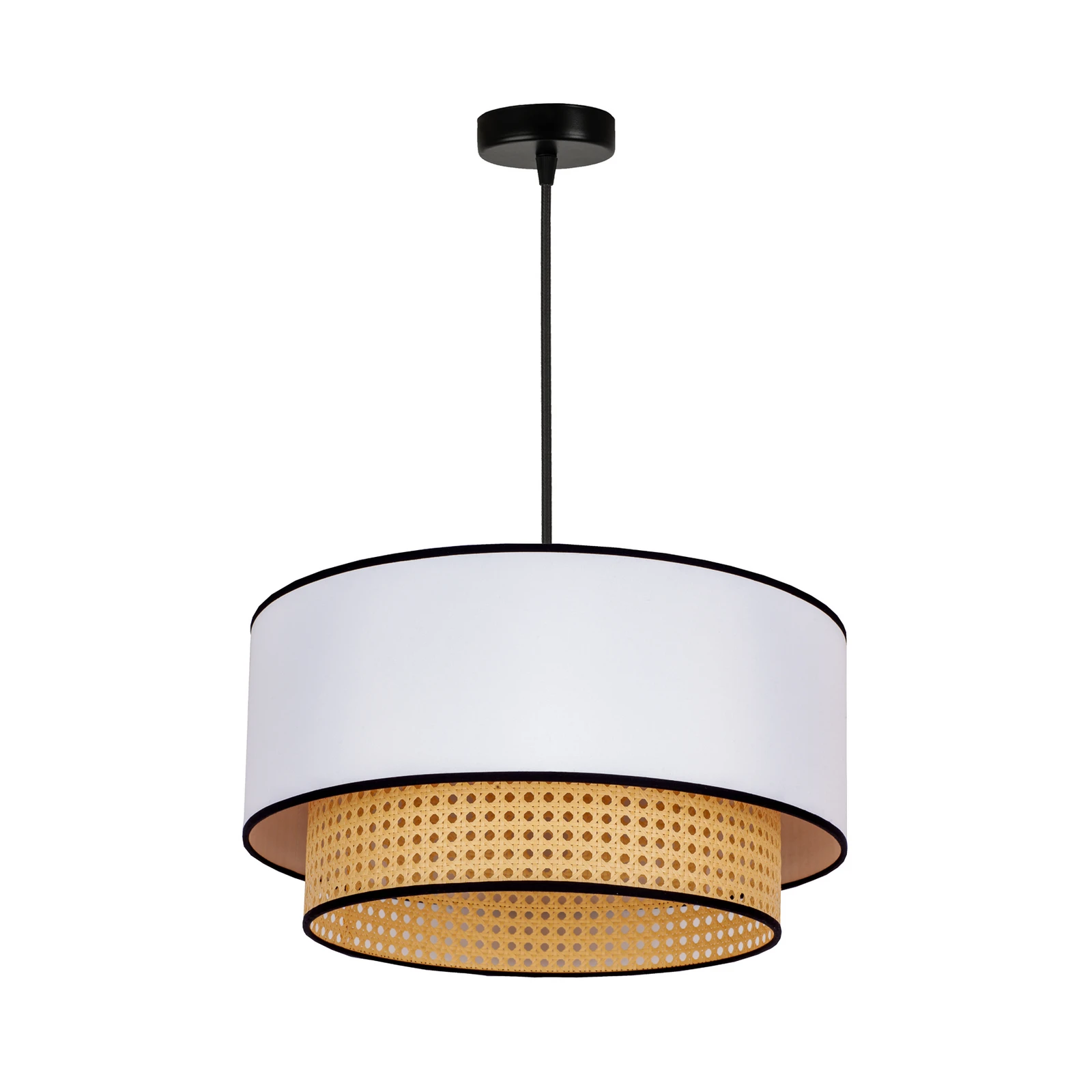 Boho piekaramā lampa, balta/koka, Ø 45 cm, audums/rotangs
