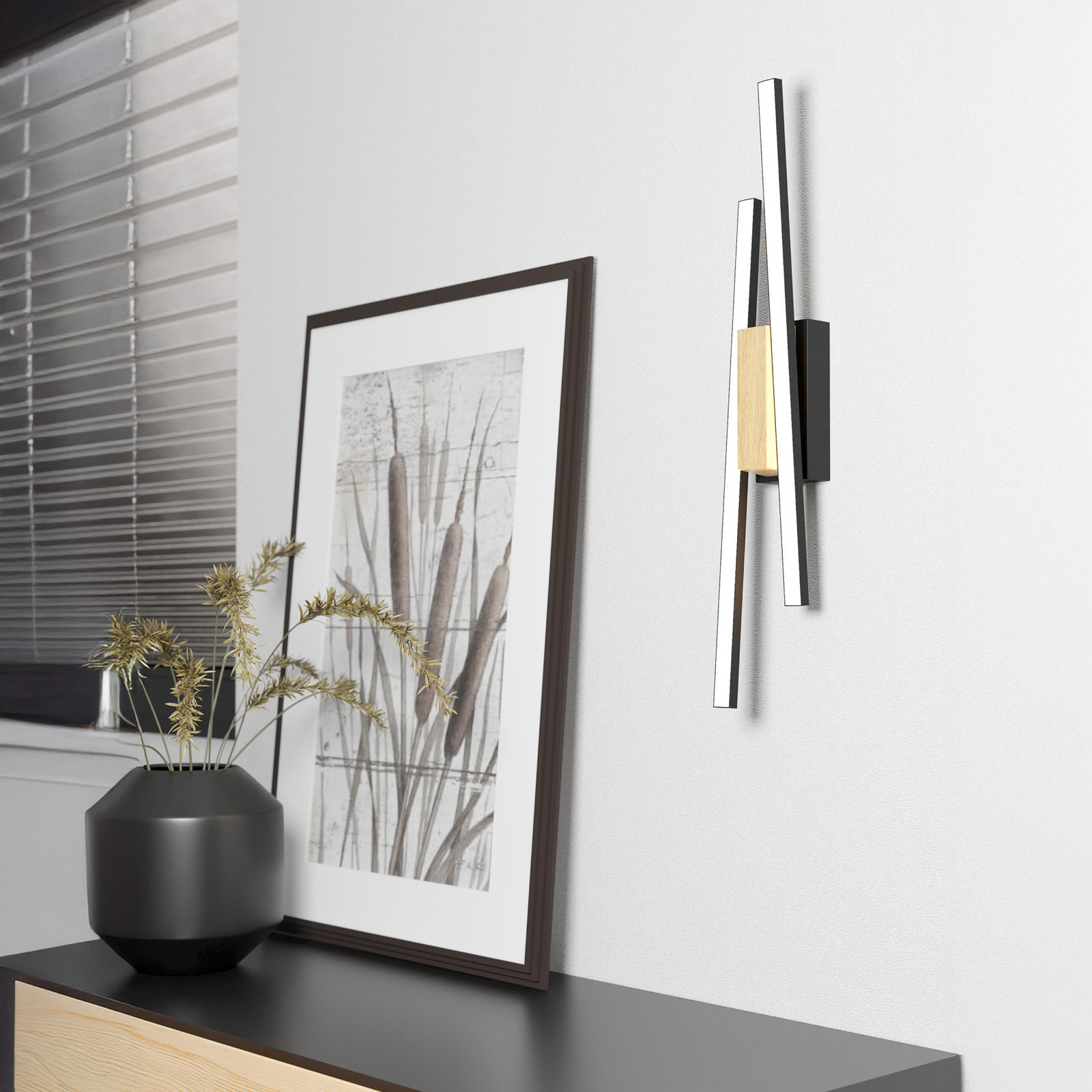 Panagria LED φωτιστικό τοίχου, μαύρο με ξύλινη λεπτομέρεια