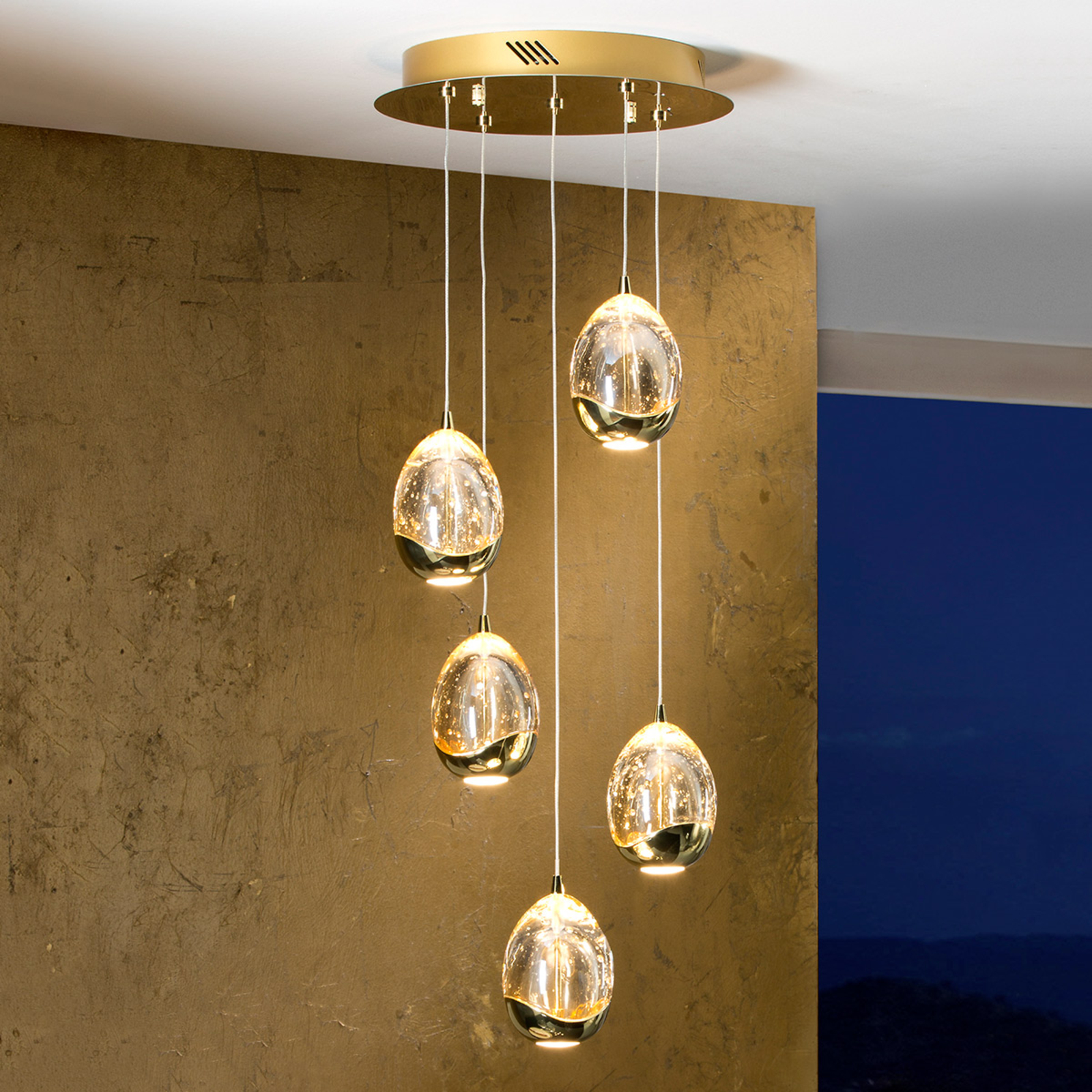Clan Draak vrijgesteld Goudkleurige LED hanglamp Rocio, 5-fl. | Lampen24.be