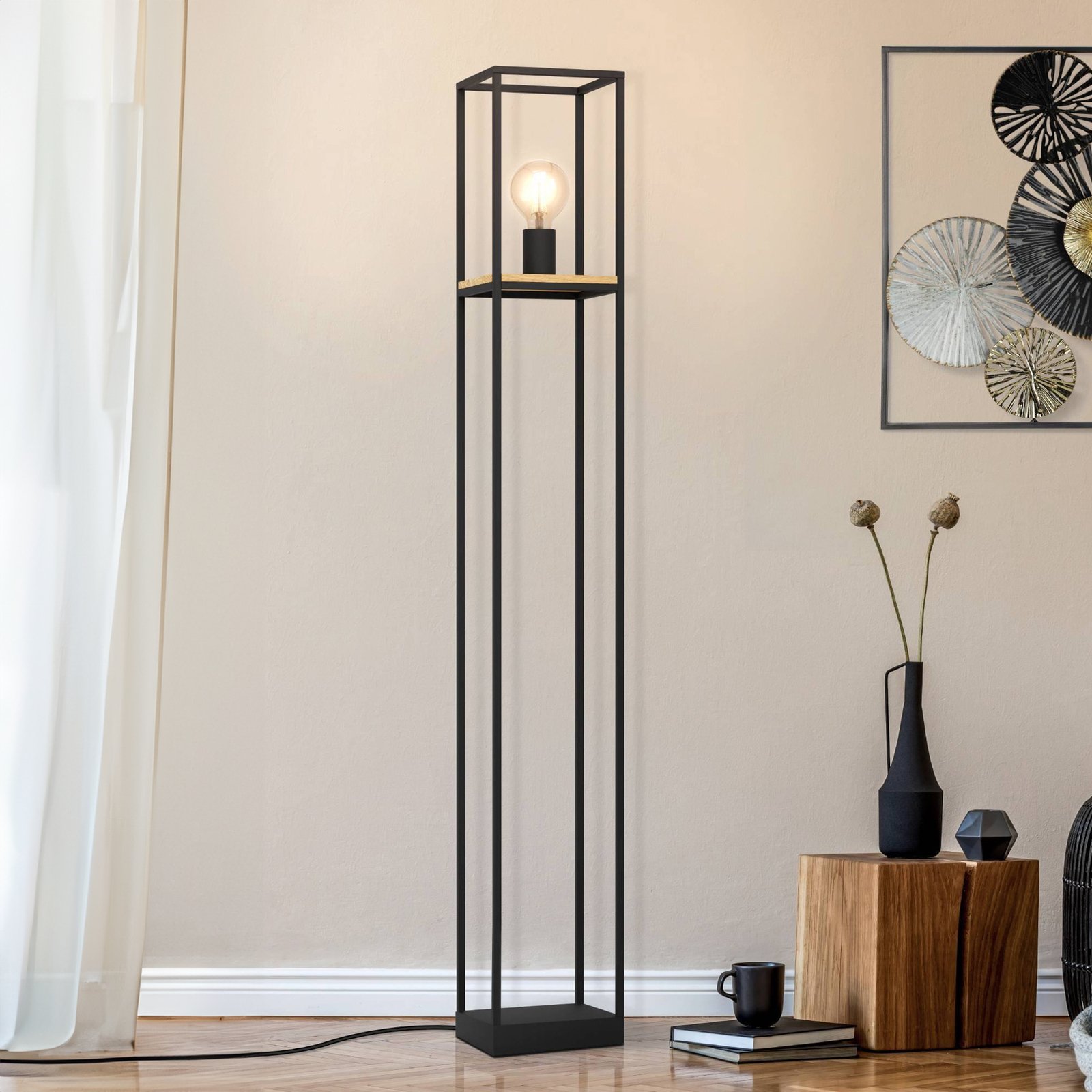 Lampe sur pied Libertad, hauteur 128,5 cm, noir/bois, acier