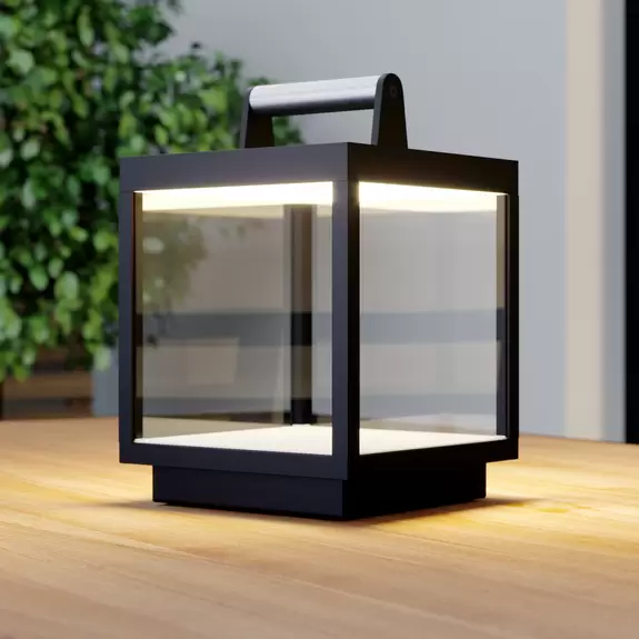 Lampenwelt Lucande LED-Akkutischleuchte Cube, Alu, USB, IP54, dimmbar