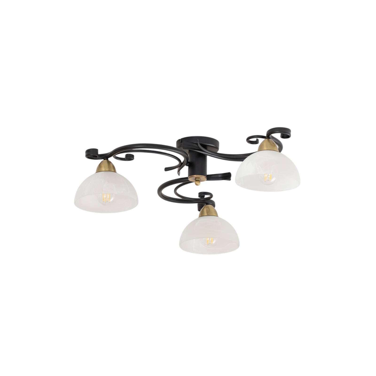 Deckenlampe Flora, 3 Glasschirme, schwarz/messing