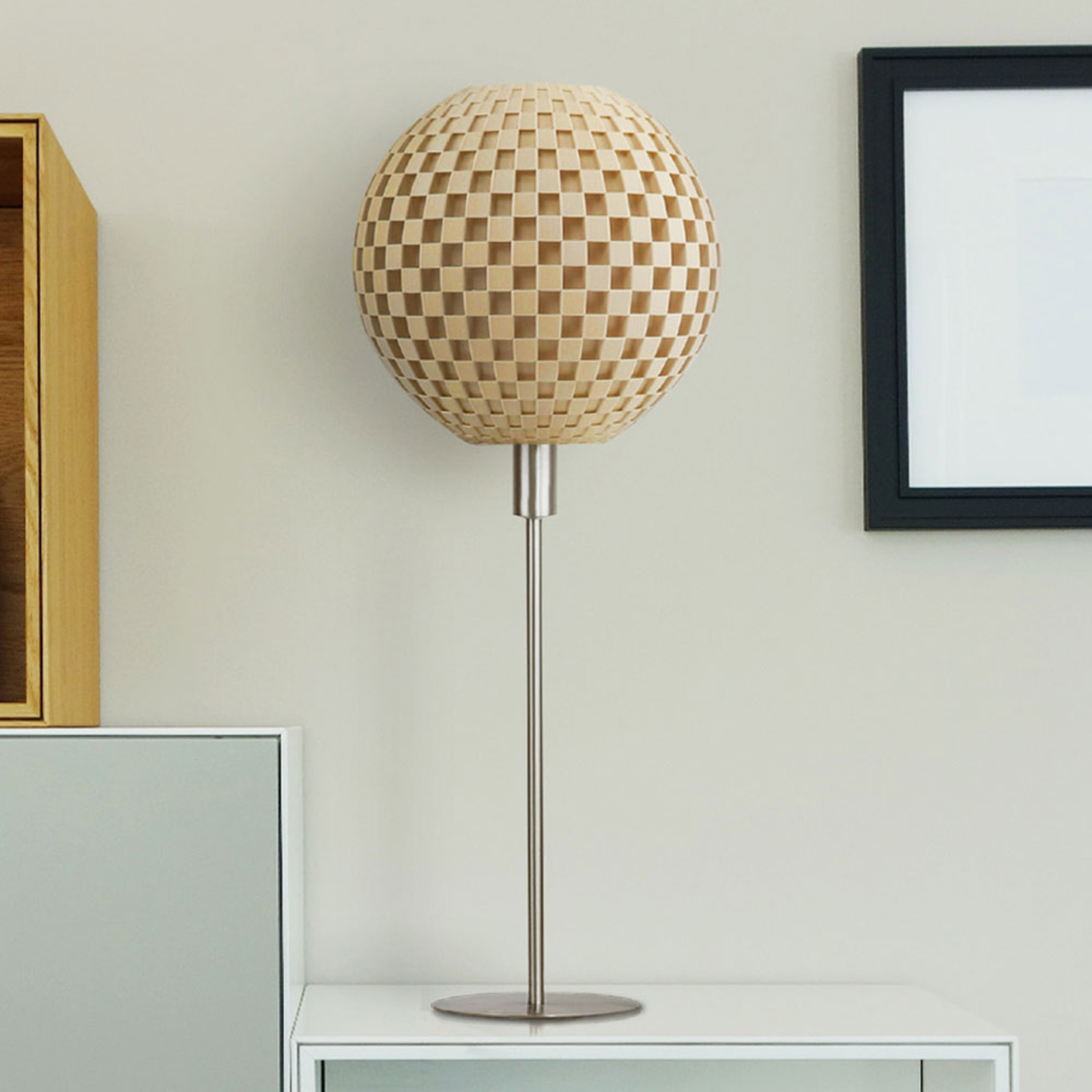 Flechtwerk table lamp, globe with base, beige