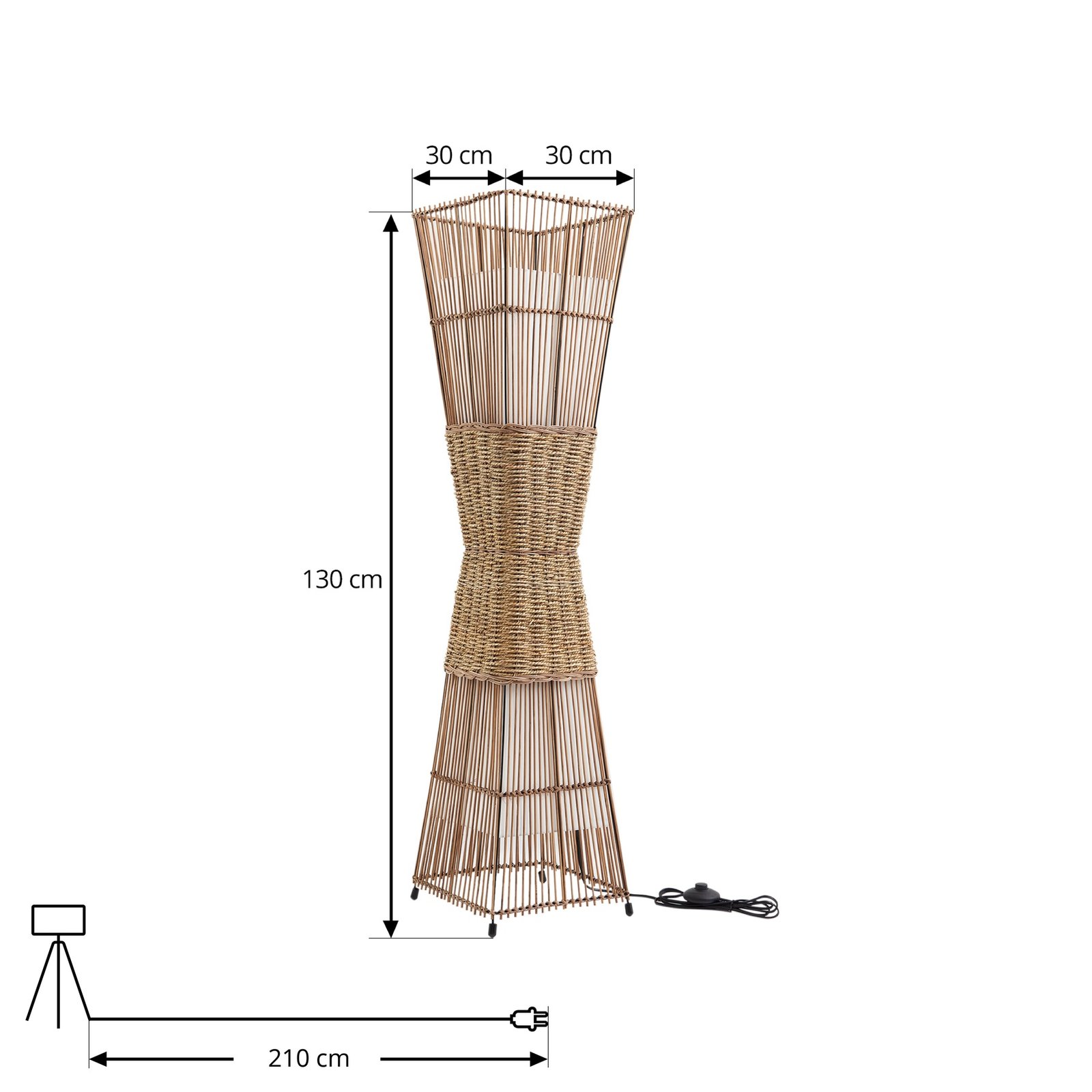 Lindby Jacinto floor lamp, bamboo, hemp, height 130 cm