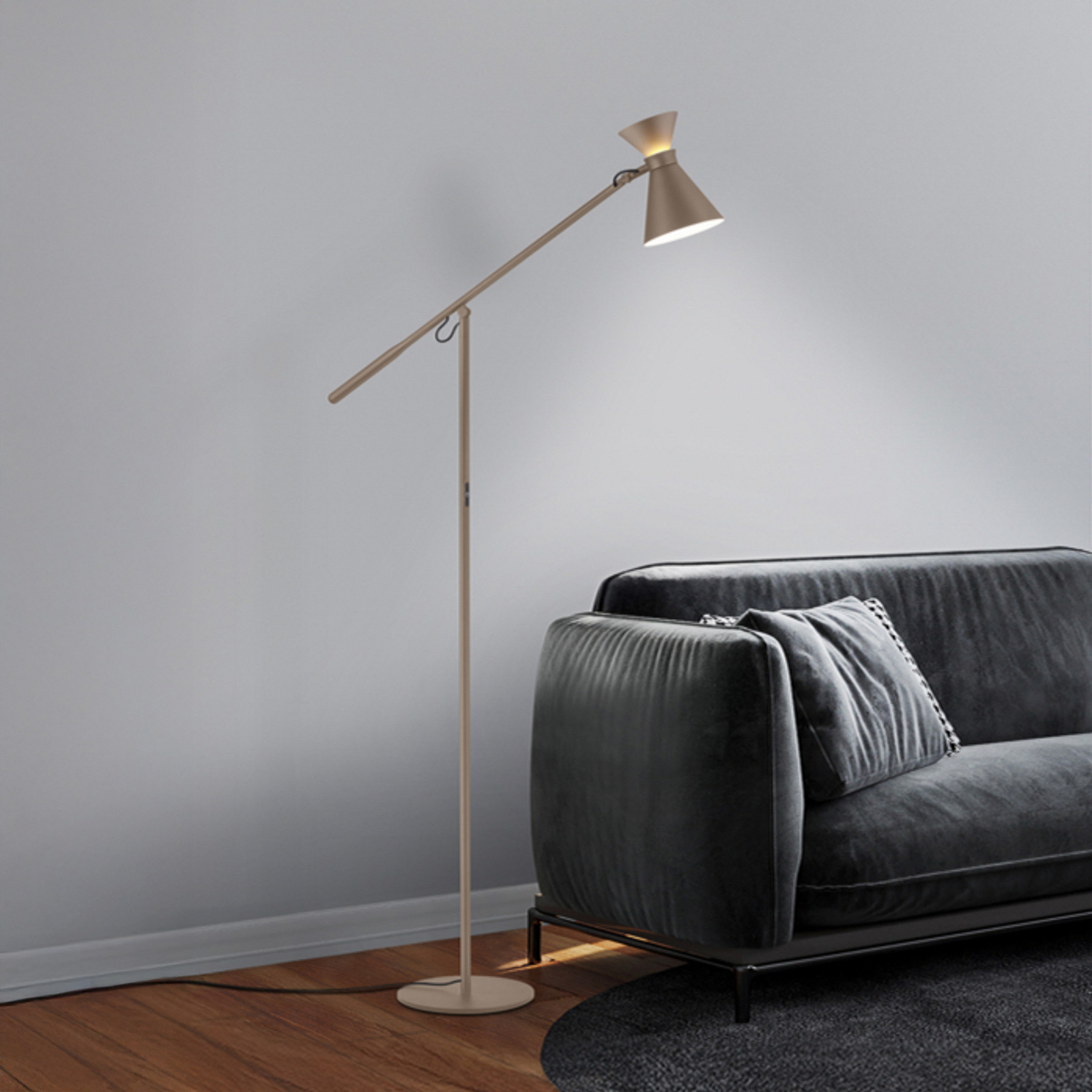 Lampa stojąca LED Helestra LUK, brązowa, ściemniany, regulowana wysokość