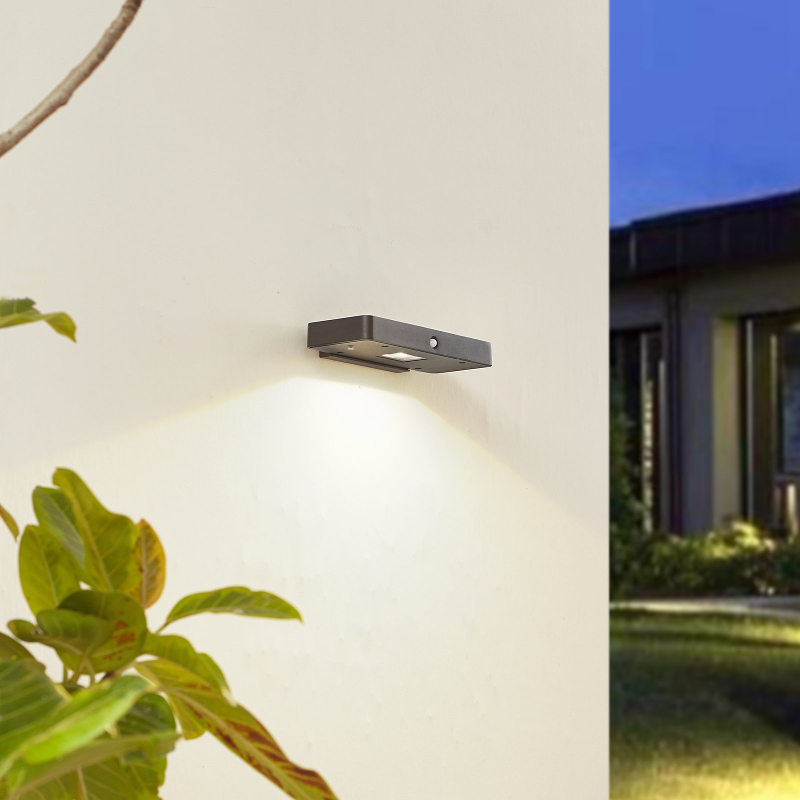 Lucande LED luz solar de parede Tavon, angular, preto, sensor