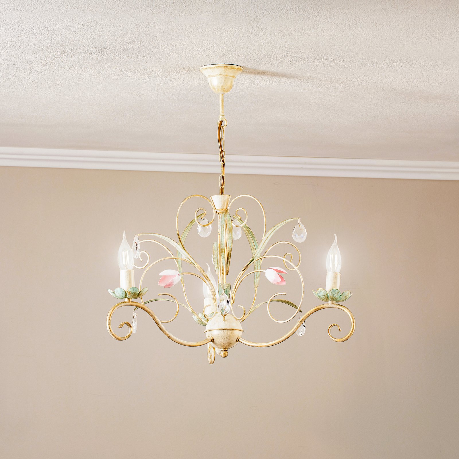 Florina chandelier with floral decor, 3-bulb