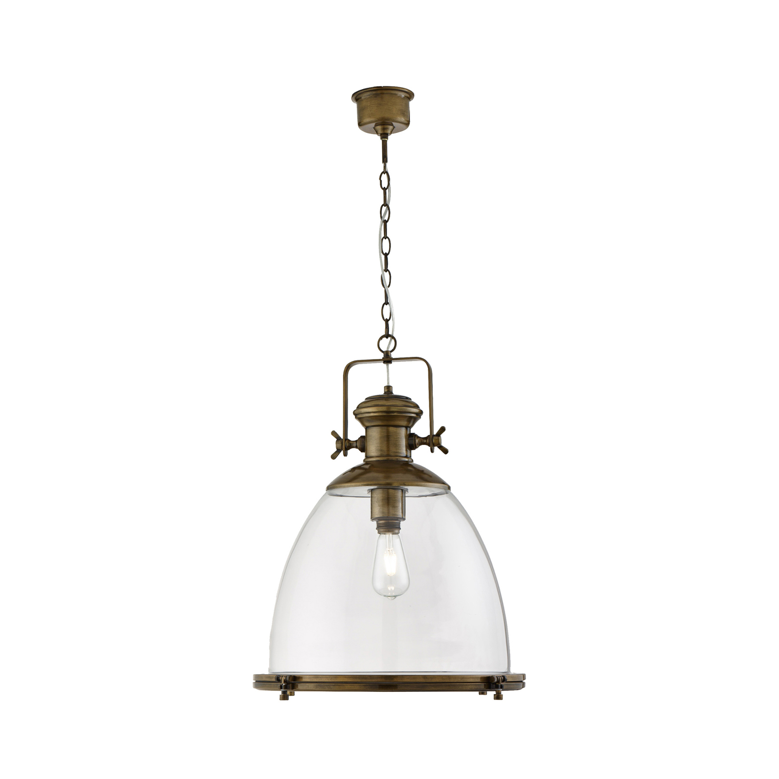 Industrial pendant light, brass-coloured/clear, glass, E27