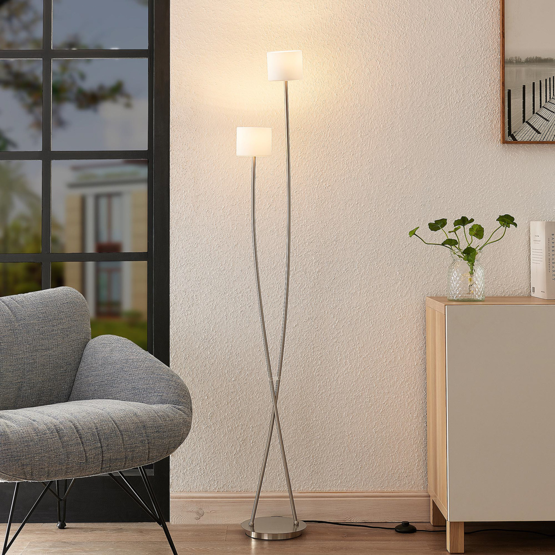 Lucande Juljana floor lamp 2-bulb glass lampshades, for Living / Dining Room, glass, metal, G9, 33 W, energy efficiency: A++, W: 21 cm, H: 153 cm