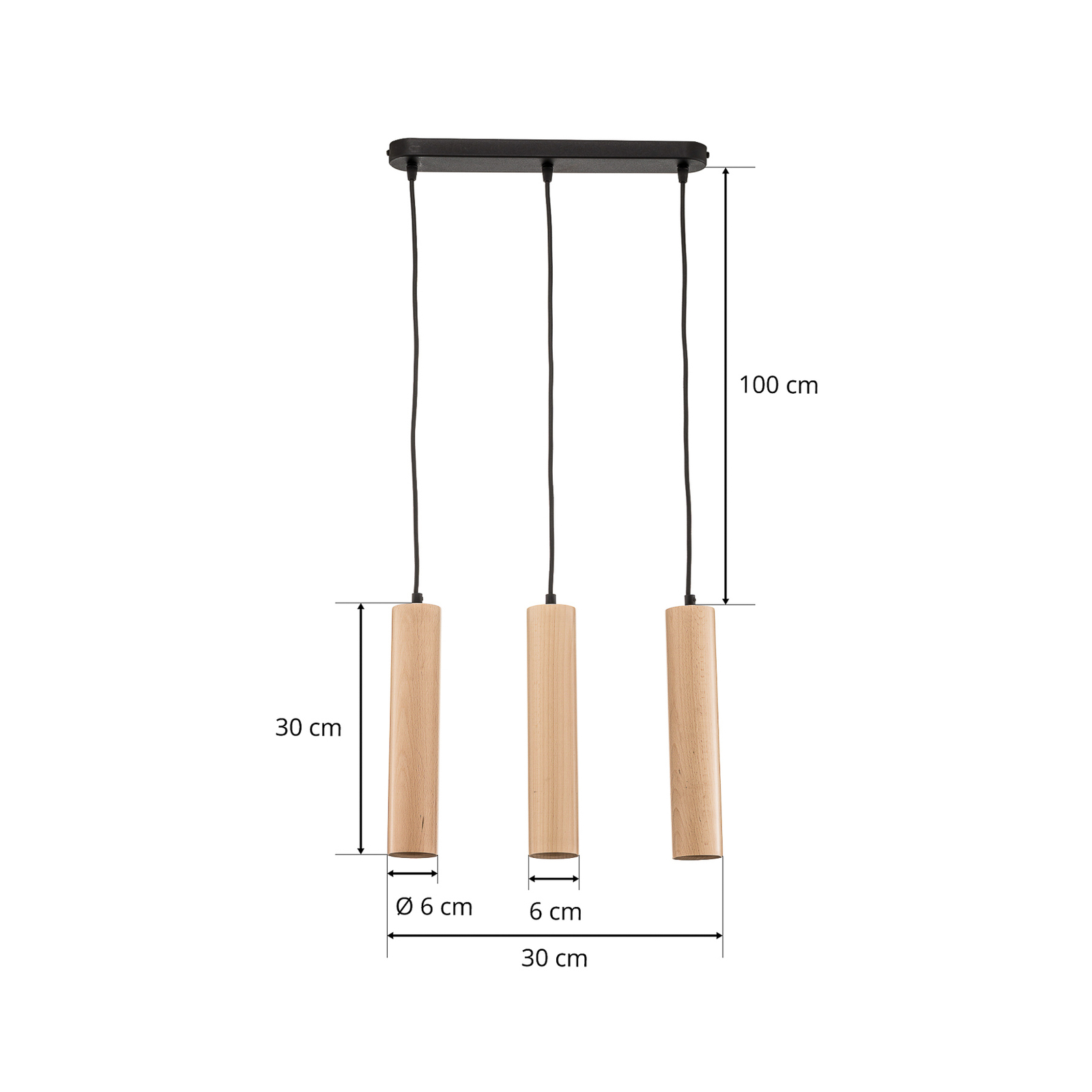 Hanglamp Tube van hout, 3-lamps