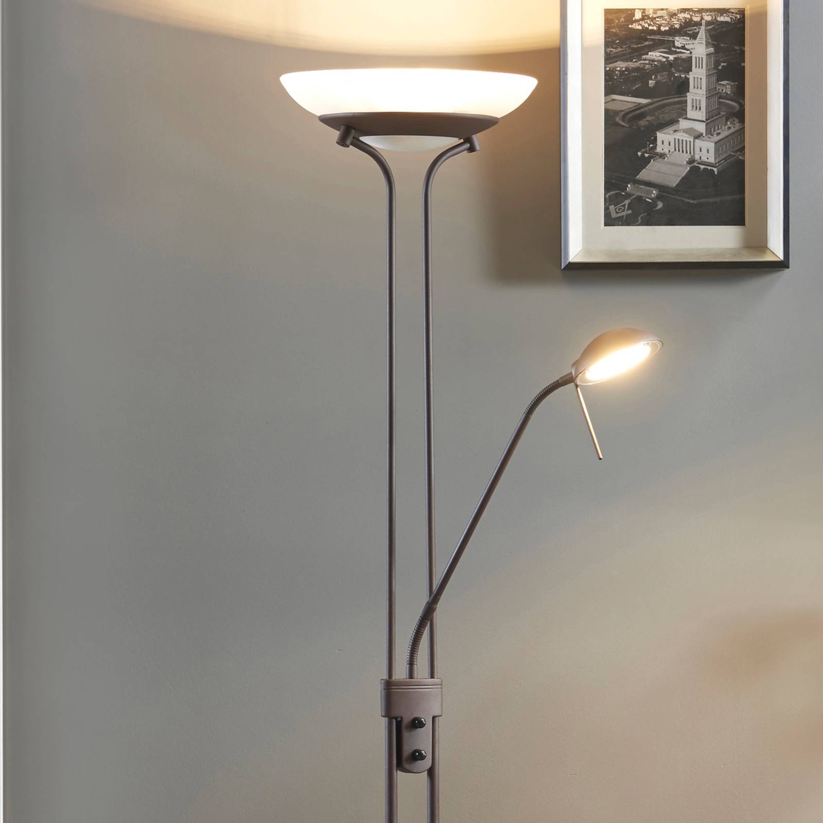 Lampa stojąca LED Lindby Yveta, kolor rdzawy, metal, ściemniany