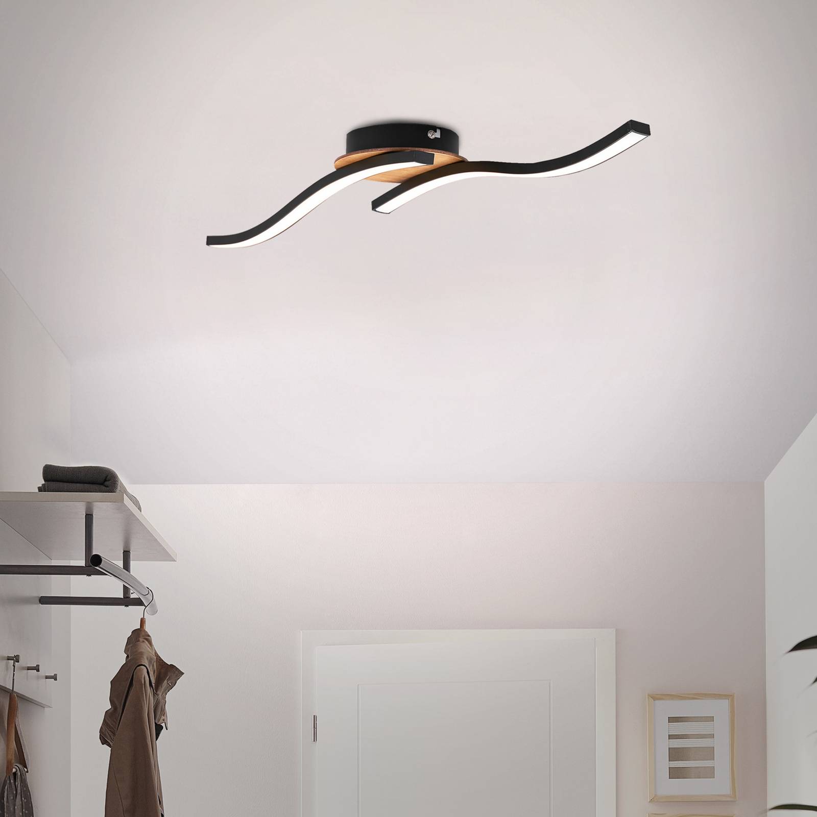 Briloner Plafonnier LED Go 2 lampes noir/décor bois ondulé