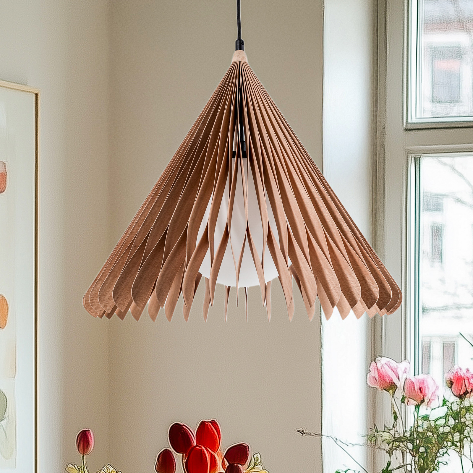ALDEX Lampă suspendată Nature Sun sticlă XL conic Ø 48 cm lemn - Camera de zi / sufragerie - Scandinavă - maro alb opal negru