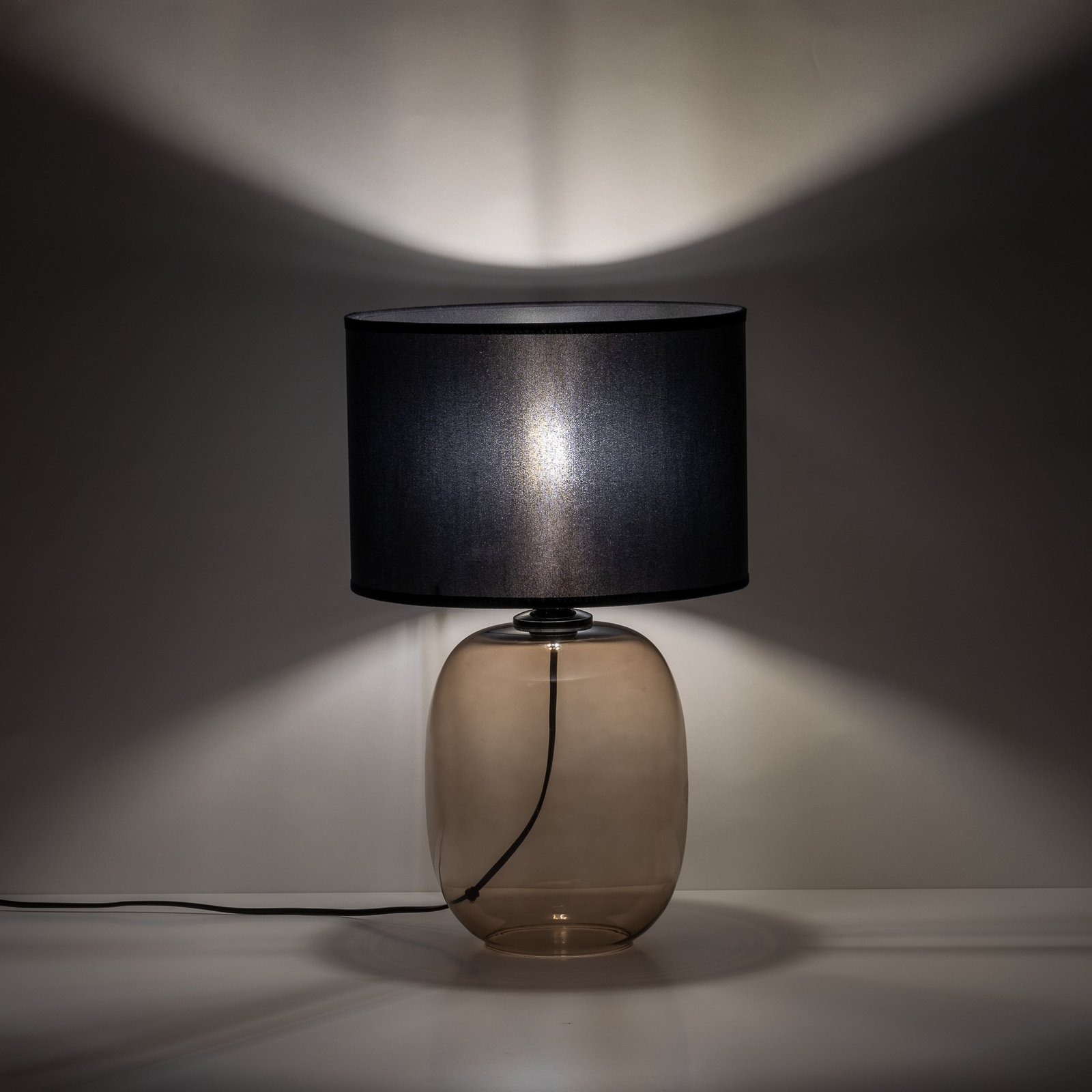 Lampada da tavolo Melody, altezza 48 cm, vetro marrone, tessuto nero