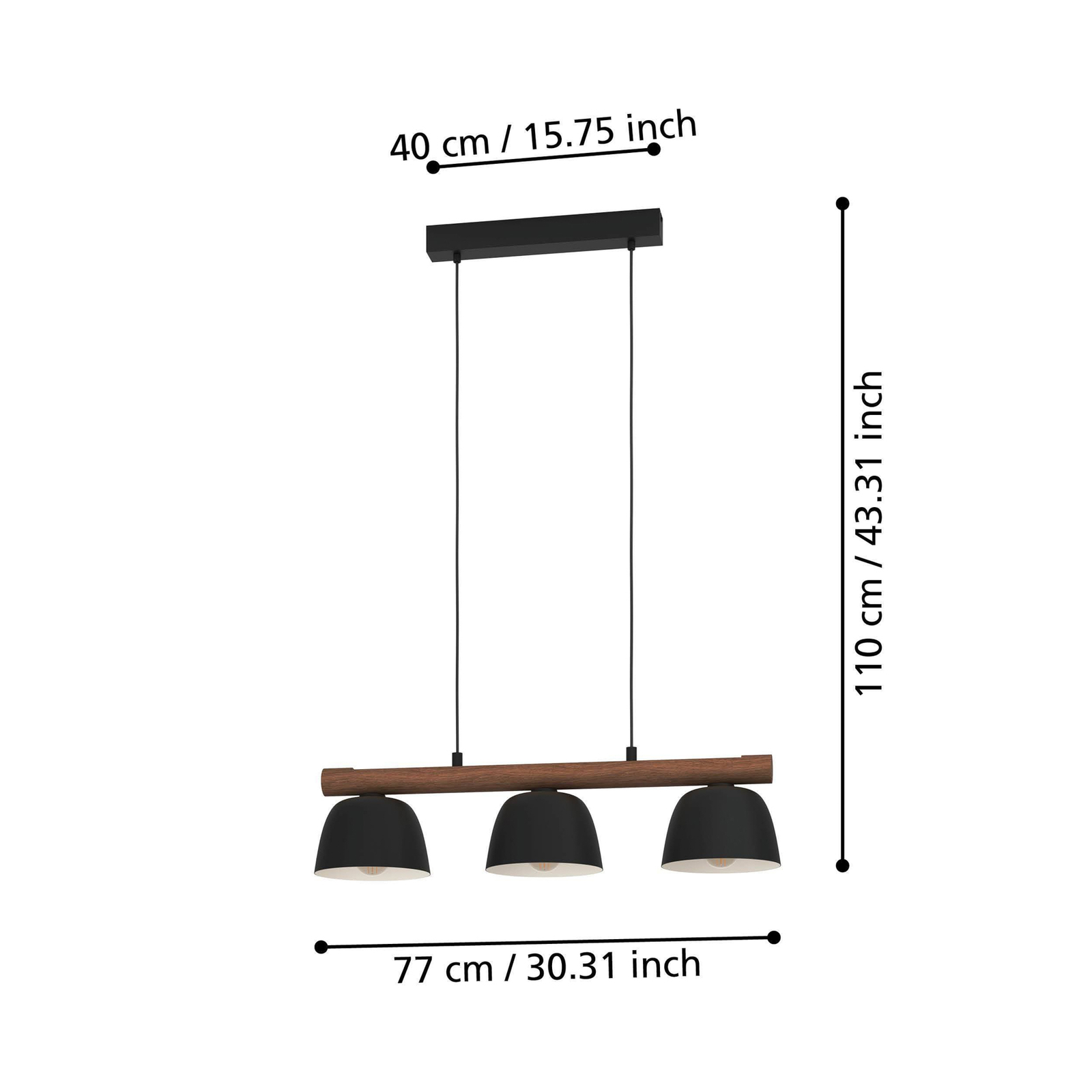 Závesné svietidlo Sherburn, dĺžka 77 cm, čierna/hnedá farba, 3 svetlá.