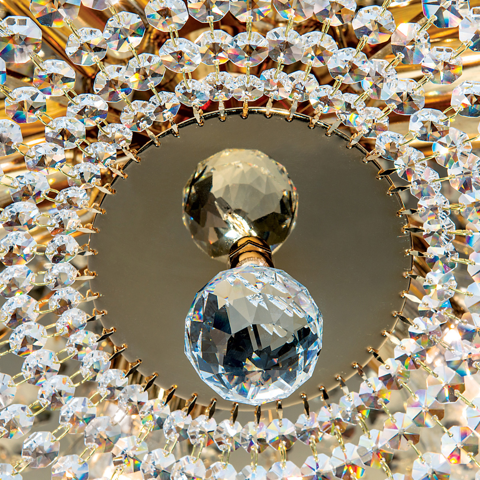 Rund kristalltaklampa SHERATA, guld 55 cm