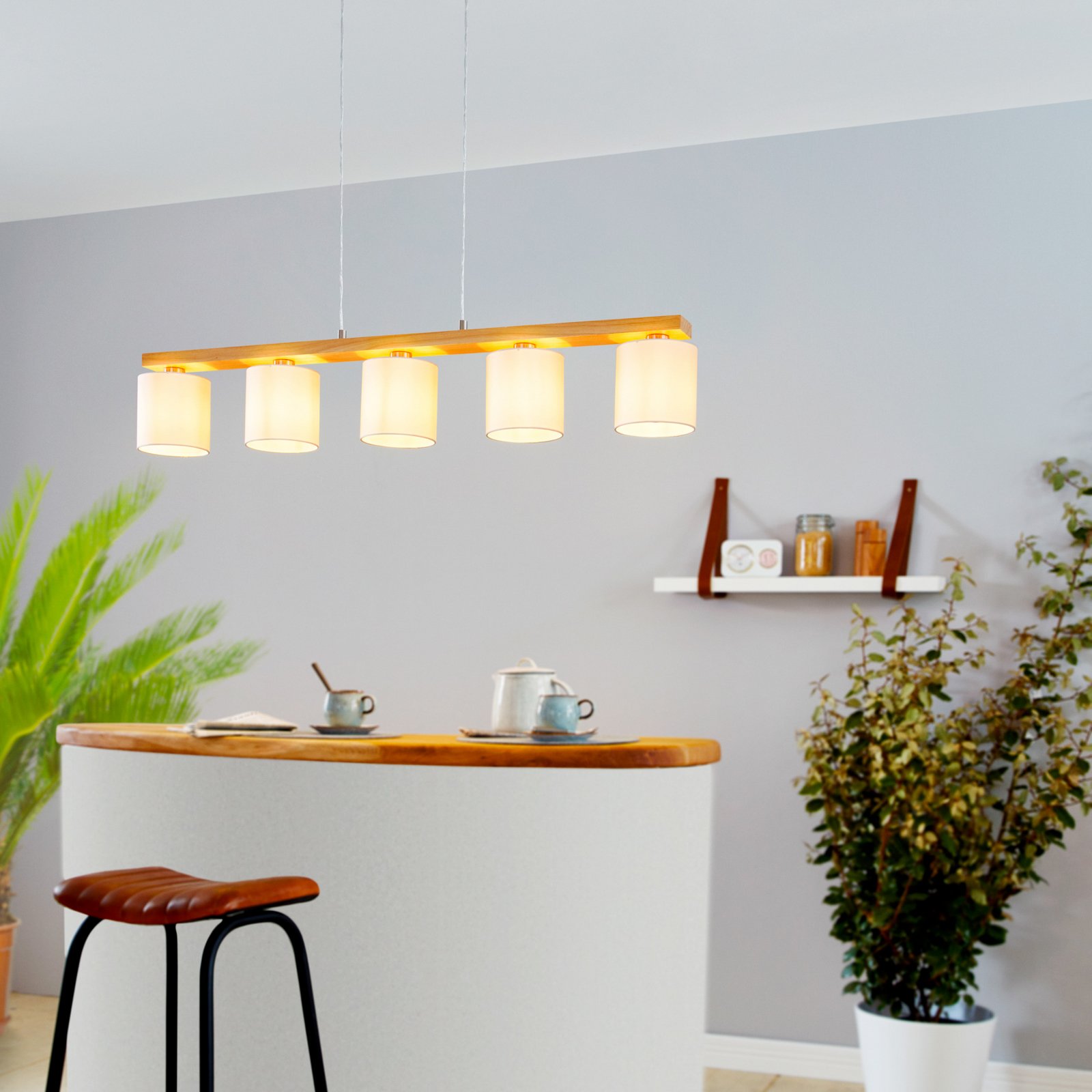 Suspension Castralvo, longueur 115 cm, bois/blanc, 5 lampes, tissu