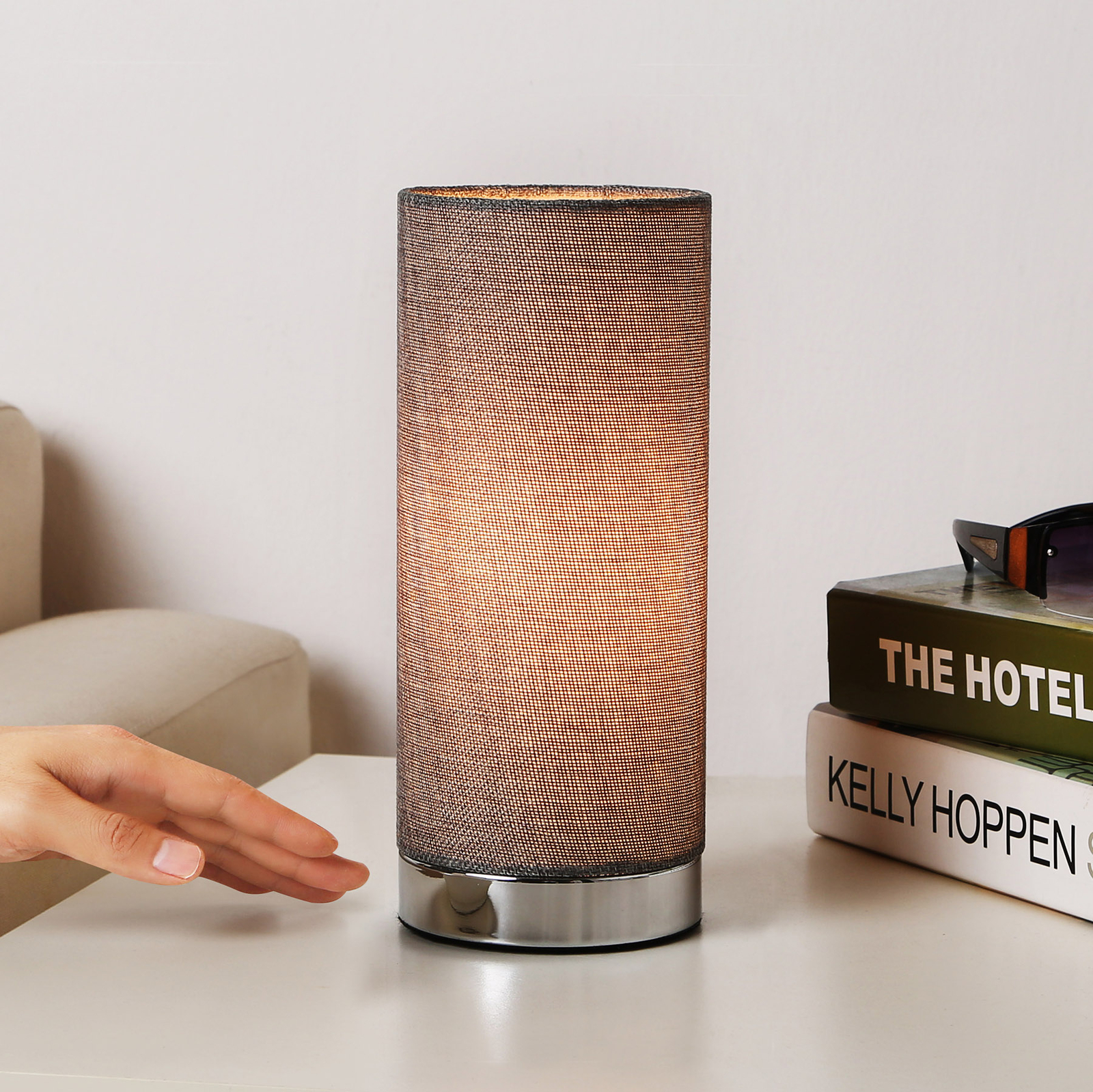 Grey table lamp Ronja with a chrome base