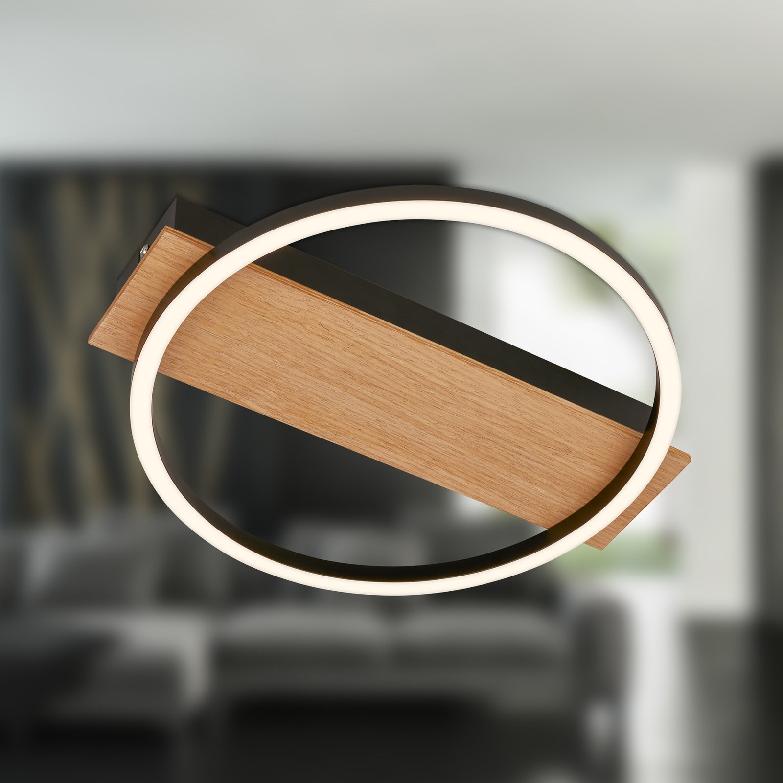 Plafonnier LED Kada, Ø 30 cm, bois, métal, noir