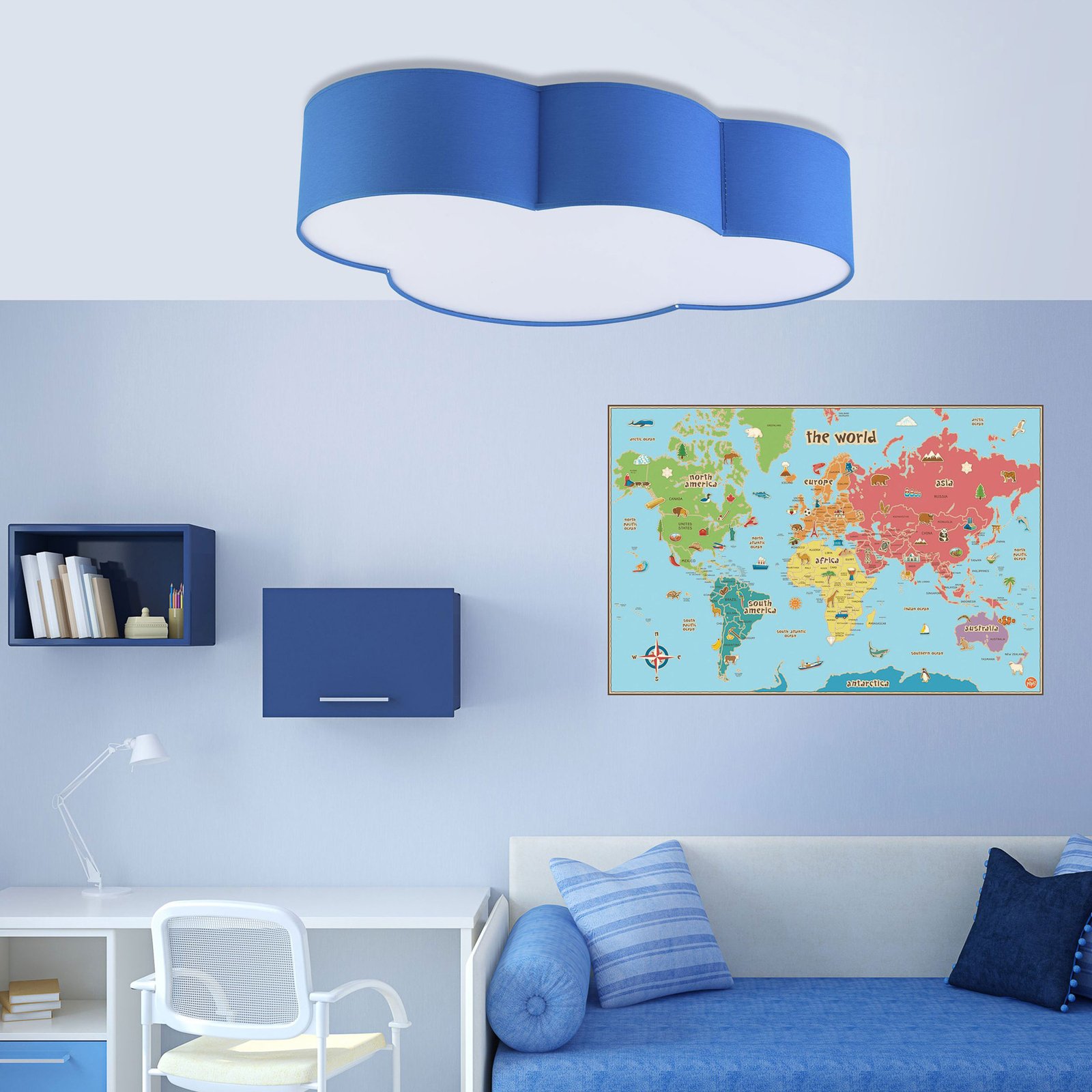 Plafondlamp Cloud, textiel, 62 x 45 cm, blauw