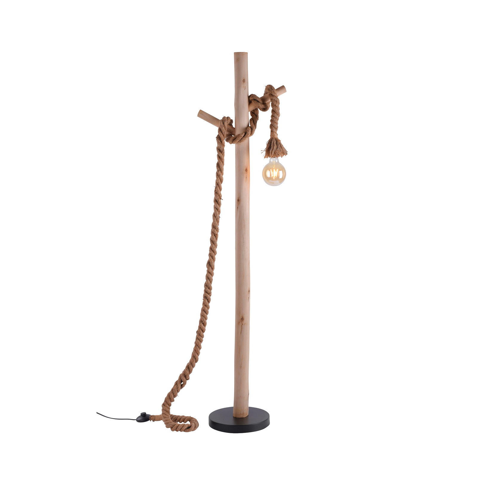 Rope floor lamp with rope and wood, 1-bulb