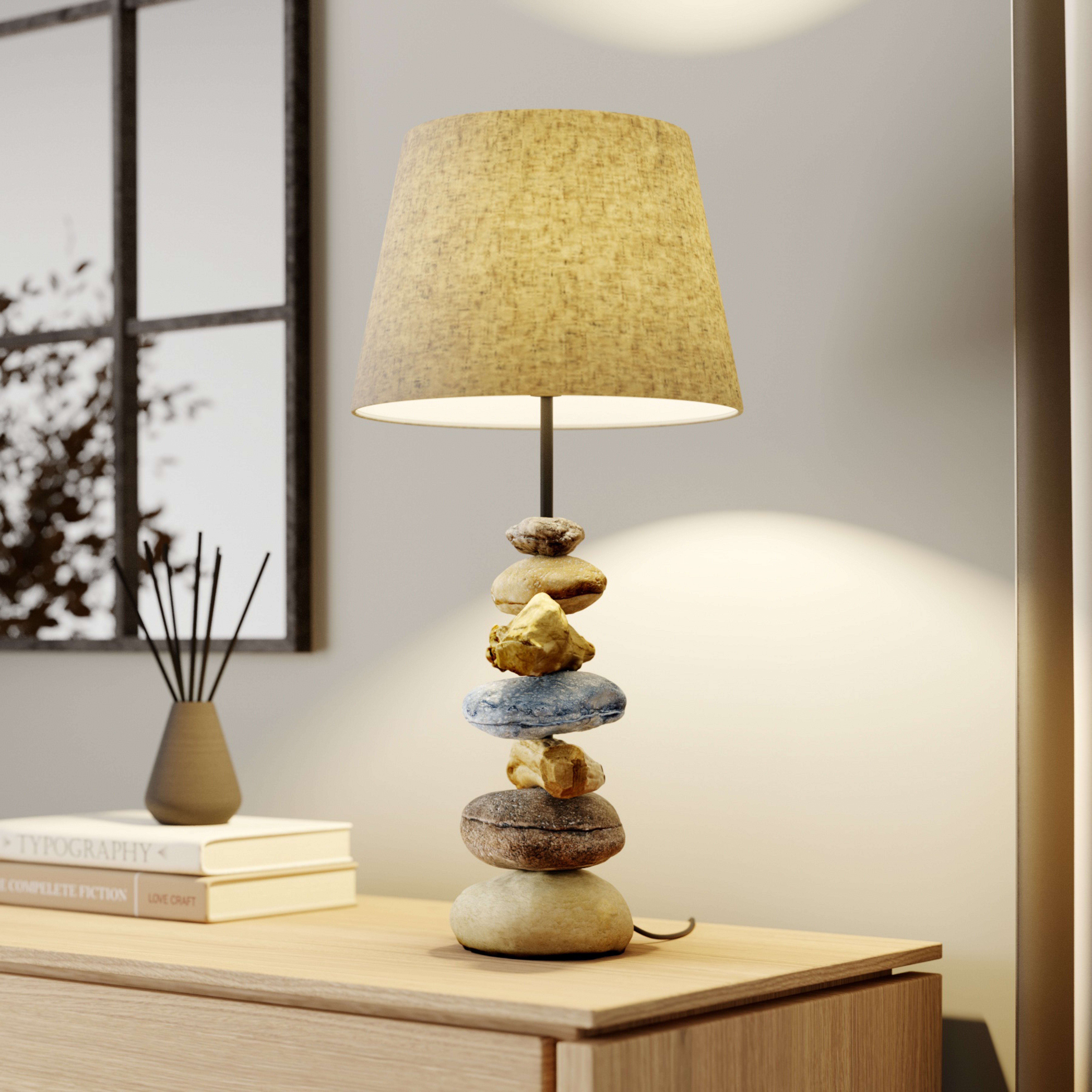 Lampa de masă Vera, abajur din țesătură și decor din piatră, 55 cm