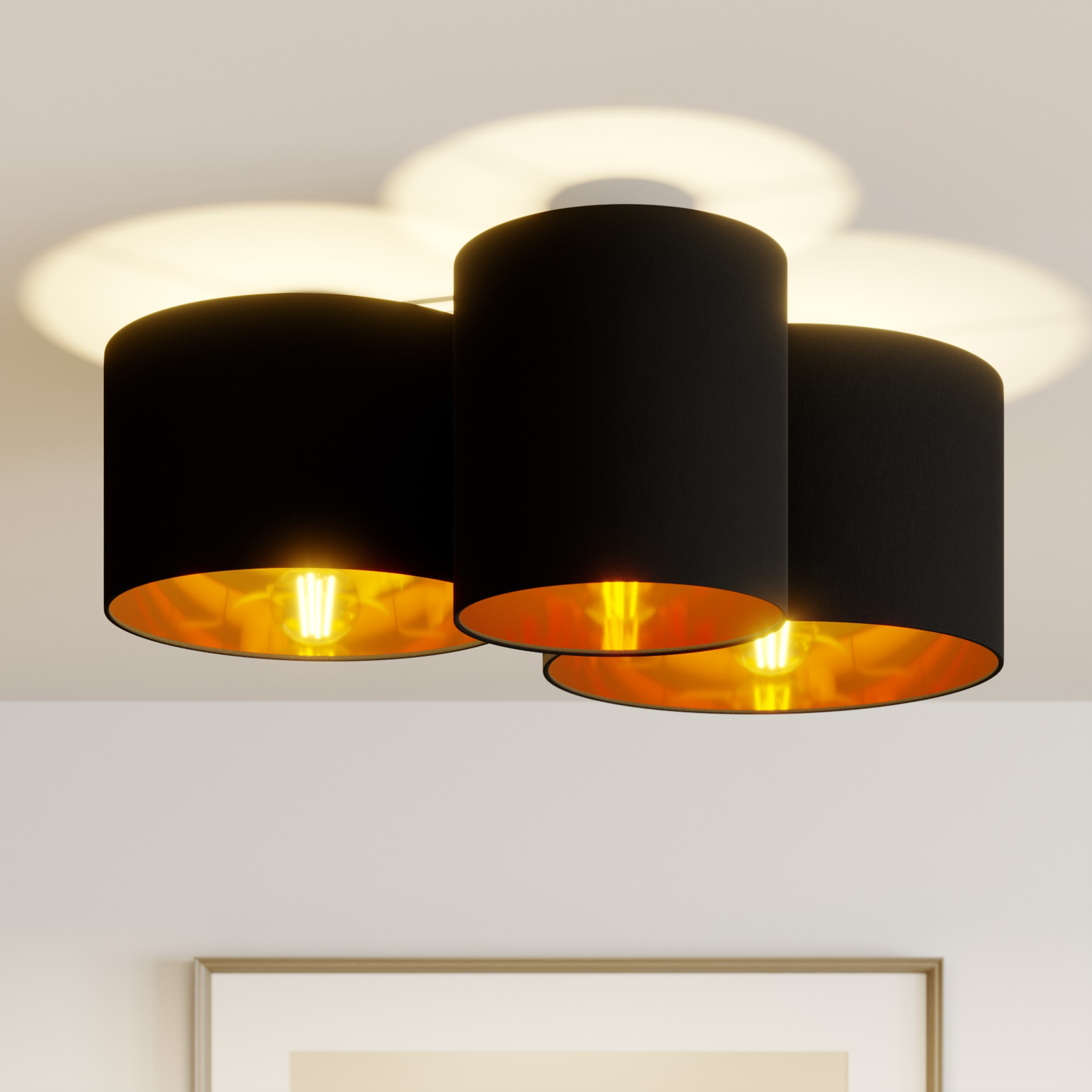 Lindby Laurenz plafondlamp, 3-lamps, zwart-goud