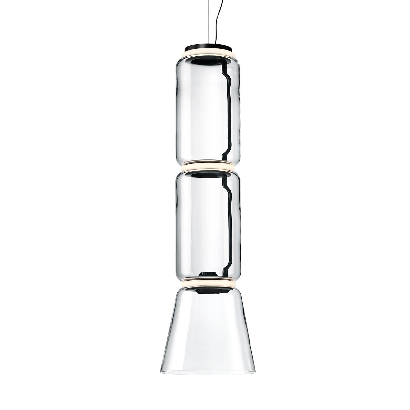Flos FLOS Noctambule hanging lamp 2 low cylinders, cone, for Living / Dining Room, glass, aluminium, 45 W, energy efficiency: A+, H: 127 cm