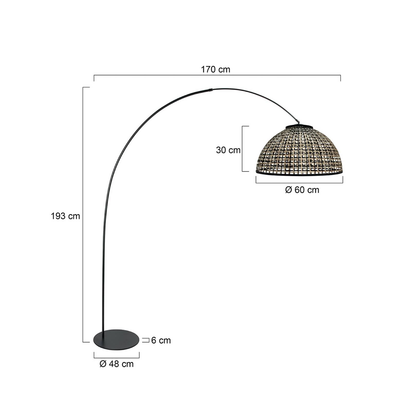 Anne Light Lampadaire arqué Curve, noir, abat-jour en osier de bambou Ø 60 cm