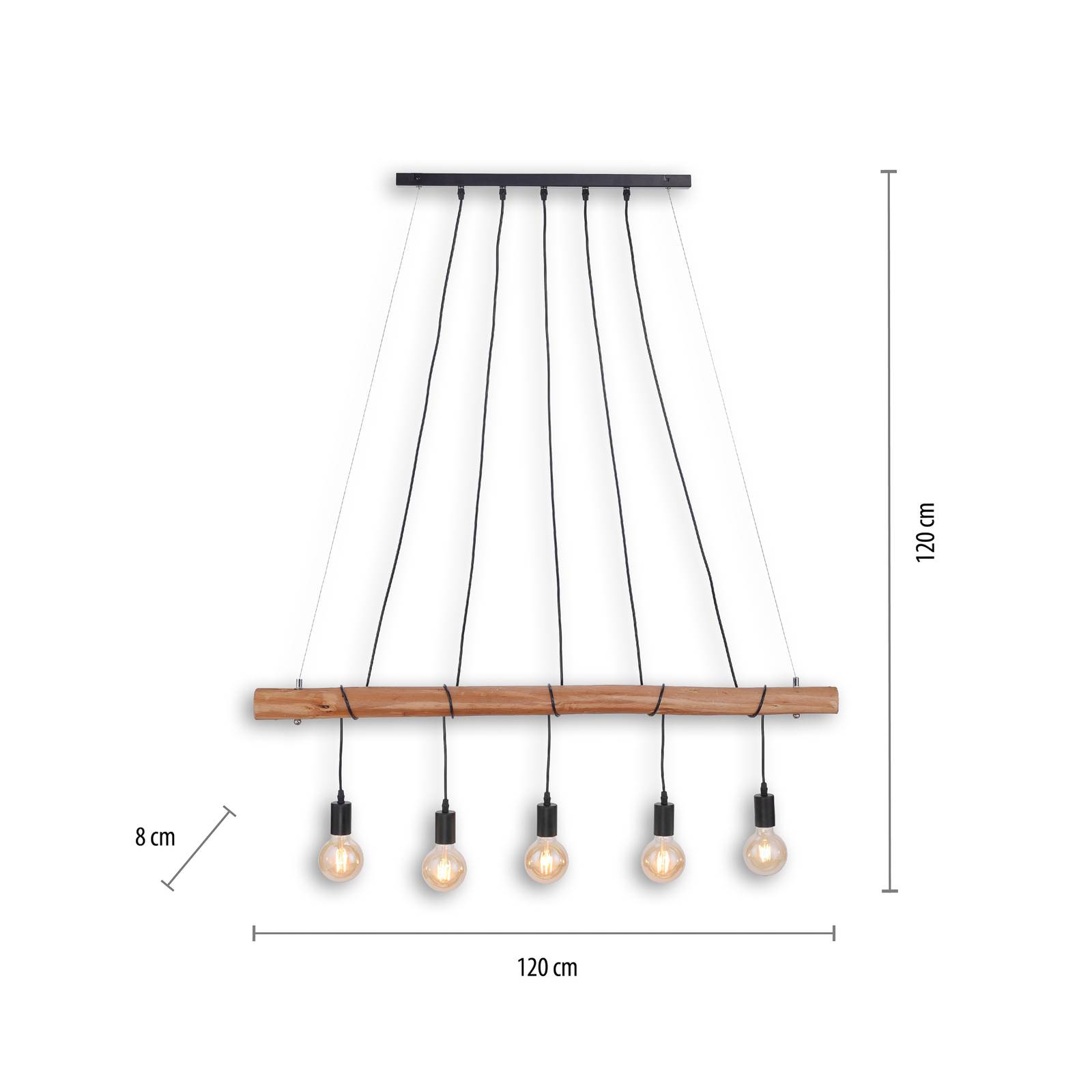 Lampa wisząca Damian z drewnianą belką i 5 oprawami