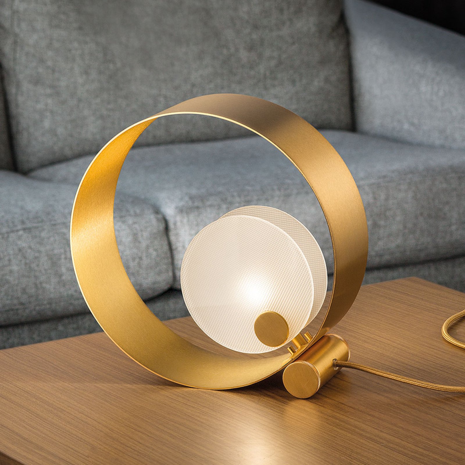 Lampa stołowa Sound TL1, okrągła, złota rama, G9