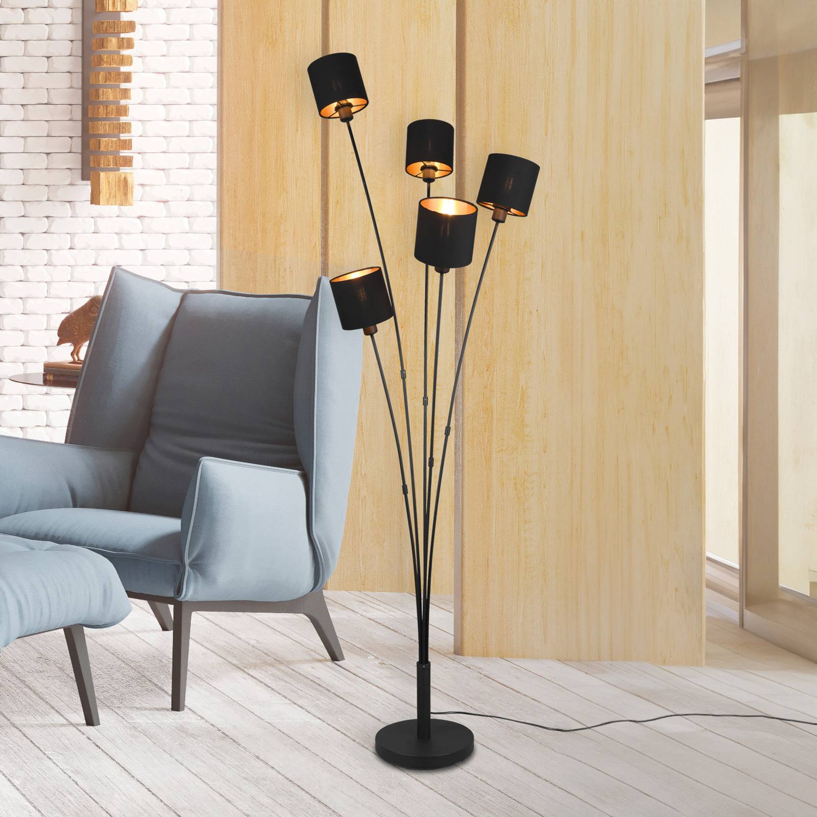 Reality Leuchten Lampadaire Tommy noir/or hauteur 163 cm 5 lampes. Tissu