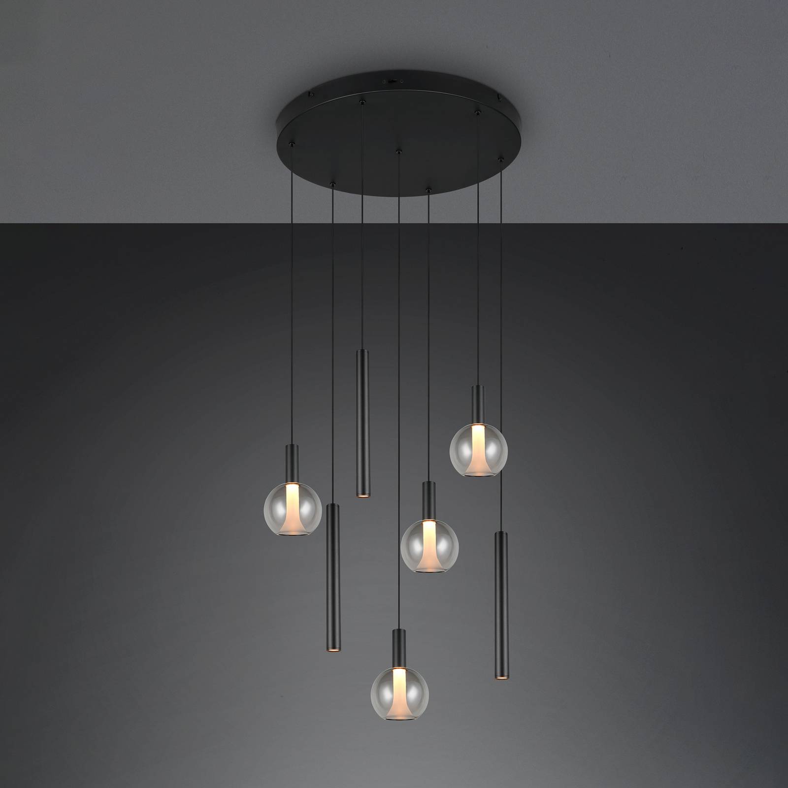 Trio Lighting LED hanglamp Melaro Ø 59 cm zwart metaal/glas CCT 7-lamps