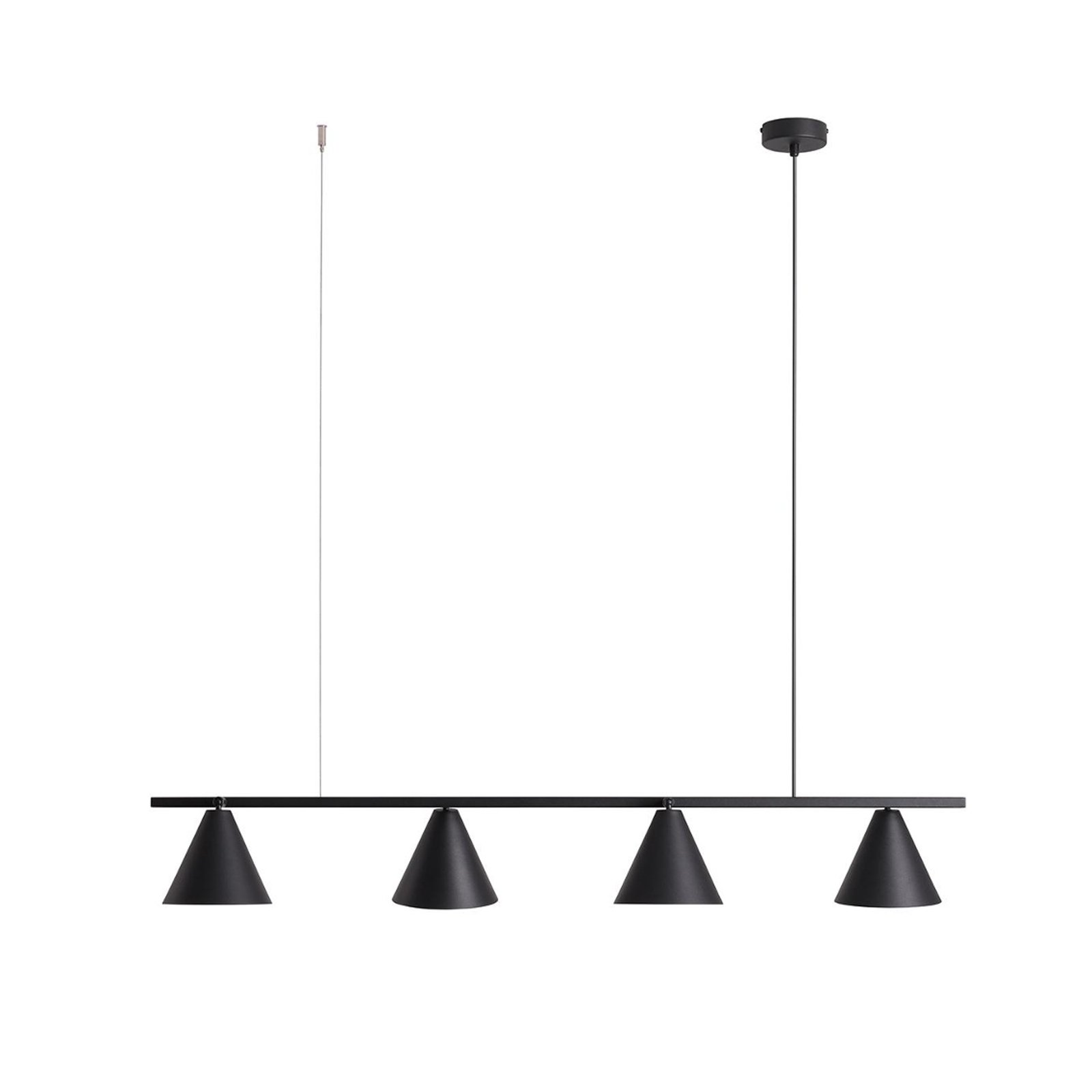 Forma 4 lámpara colgante, metal, cono, 4 luces, negro