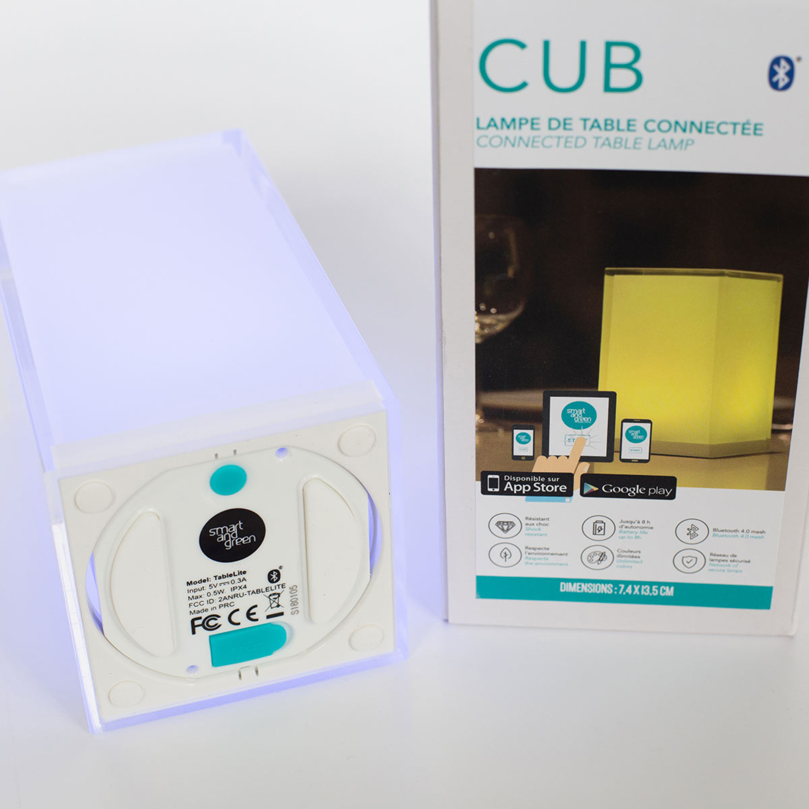 Bærbar bordlampe Cub, app-kontrollerbar, RGBW