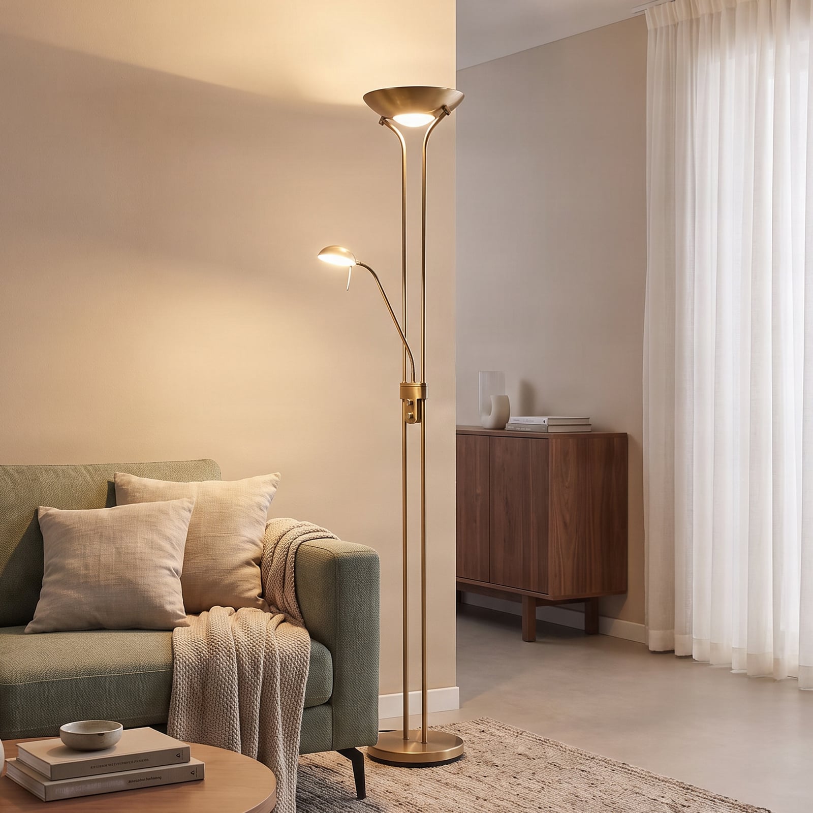 Lindby LED φωτιστικό δαπέδου Josefin, χάλκινο, φως ανάγνωσης, ρυθμιζόμενο