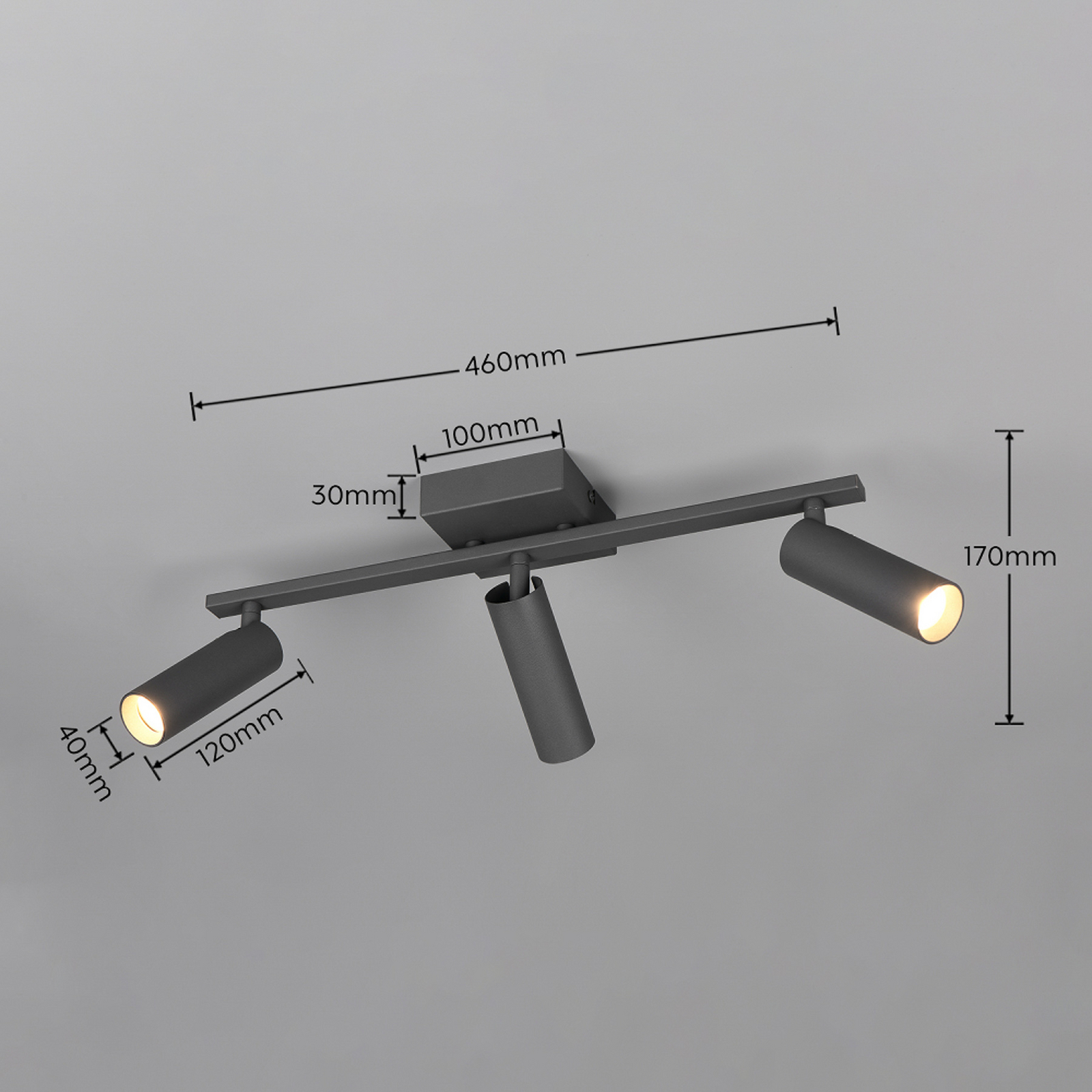 Faretto da soffitto Dara, lunghezza 46 cm, antracite, metallo, a 3 luci. Faretto da soffitto Dara, lunghezza 46 cm, antracite, metallo, a 3 luci.