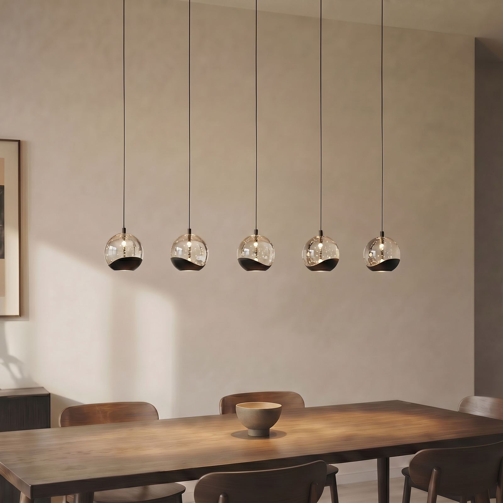 Candeeiro suspenso LED Lucande Hayley, preto, 5 lâmpadas, alongado