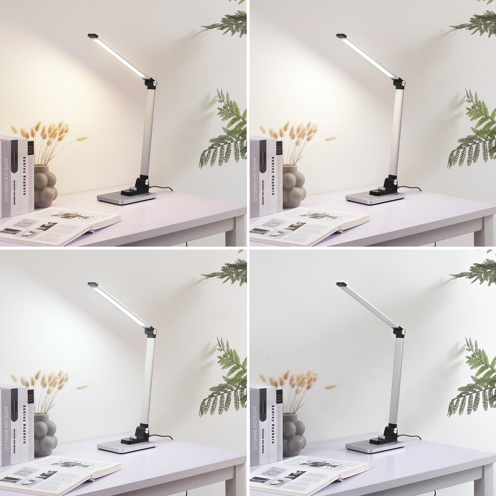 Stolná LED lampa Lindby Valtaris, strieborná, hliník, CCT, stmievateľná