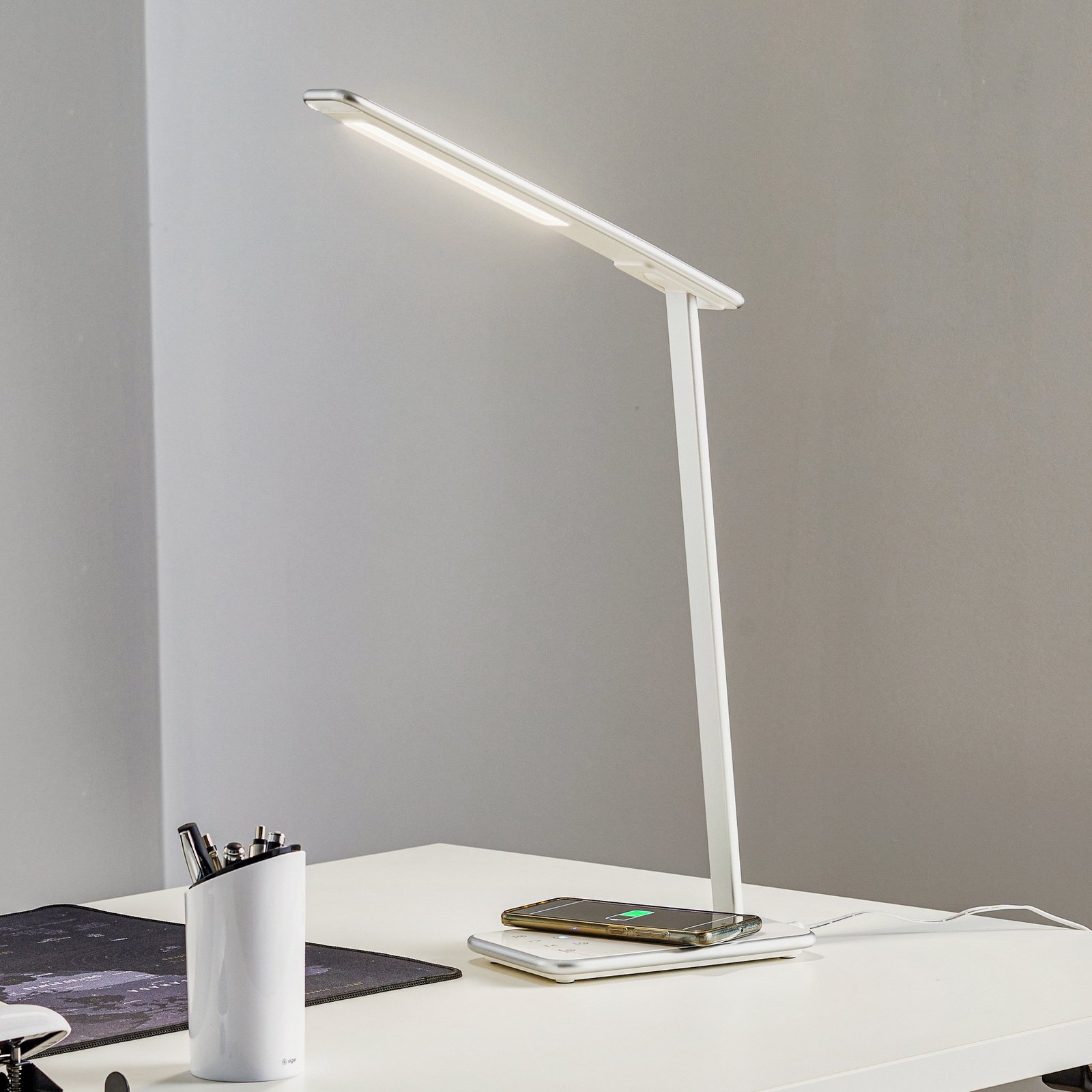 Lampada LED da scrivania Orbit, induzione, argento