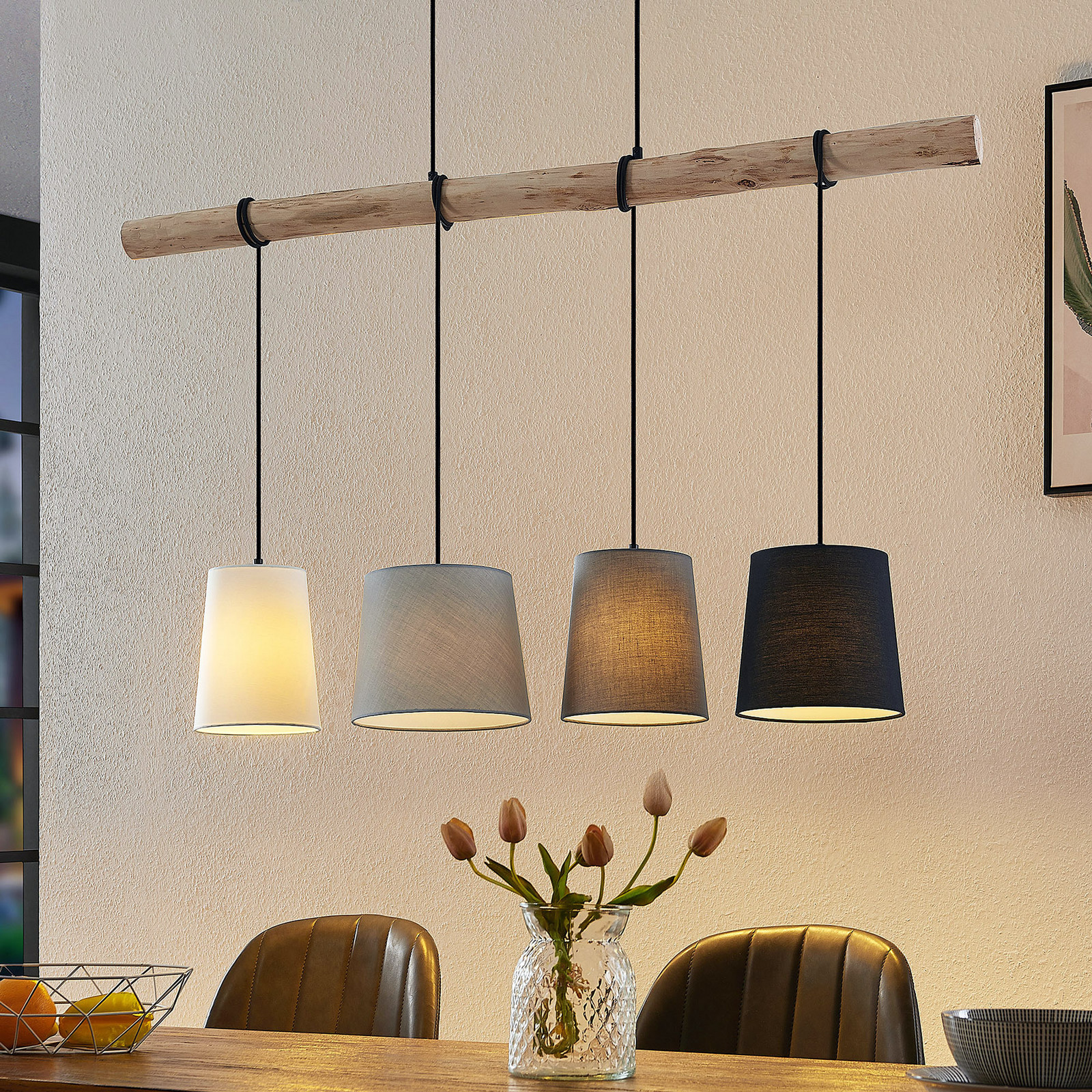 Lampă suspendată Lindby Hinai negru/gri/alb textil 116cm - Camera de zi / sufragerie - Scandinavă - Lemn deschis negru gri alb - Țesătură / Textil
