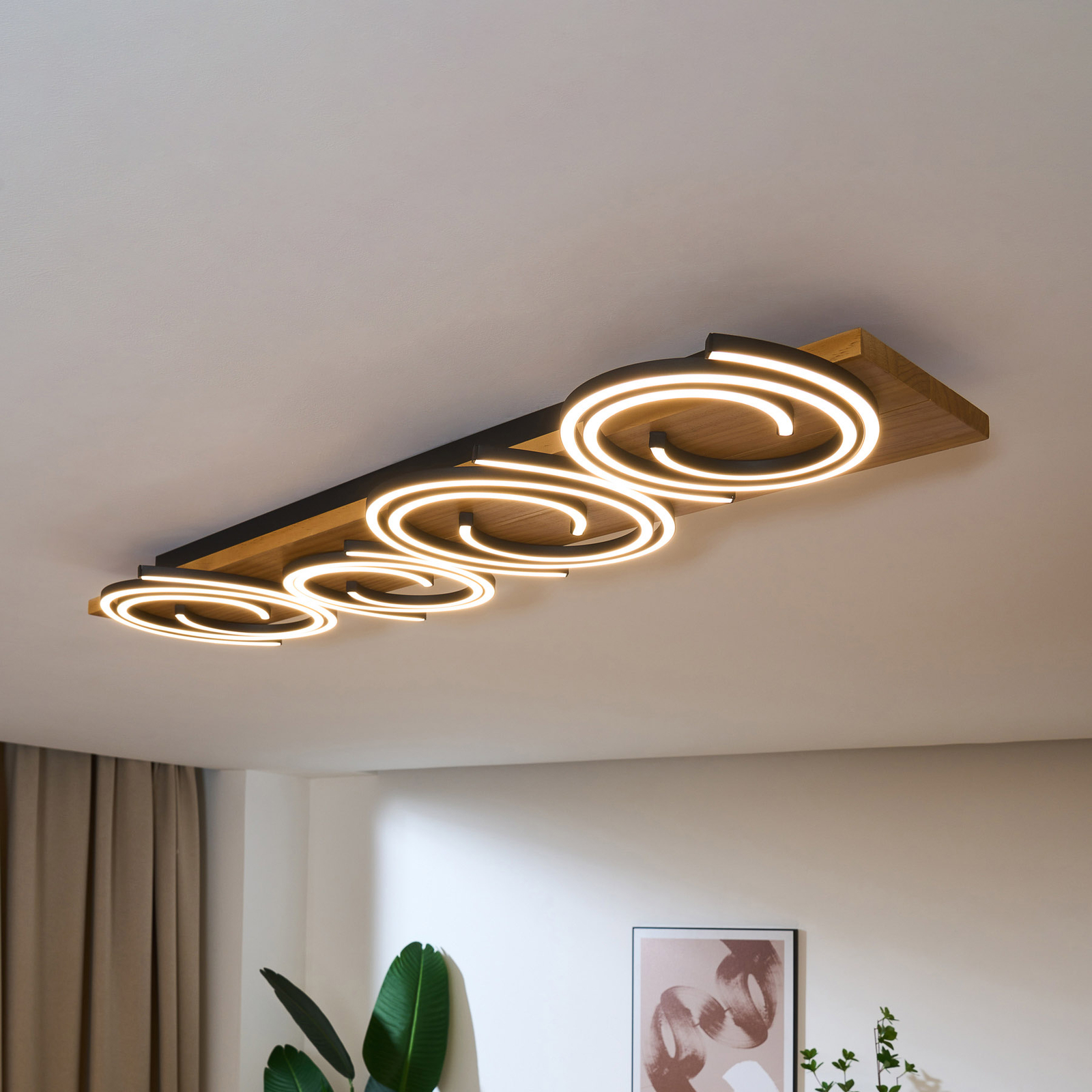 Candeeiro de teto LED Rifia, castanho, comprimento 115 cm, 4 luzes, madeira