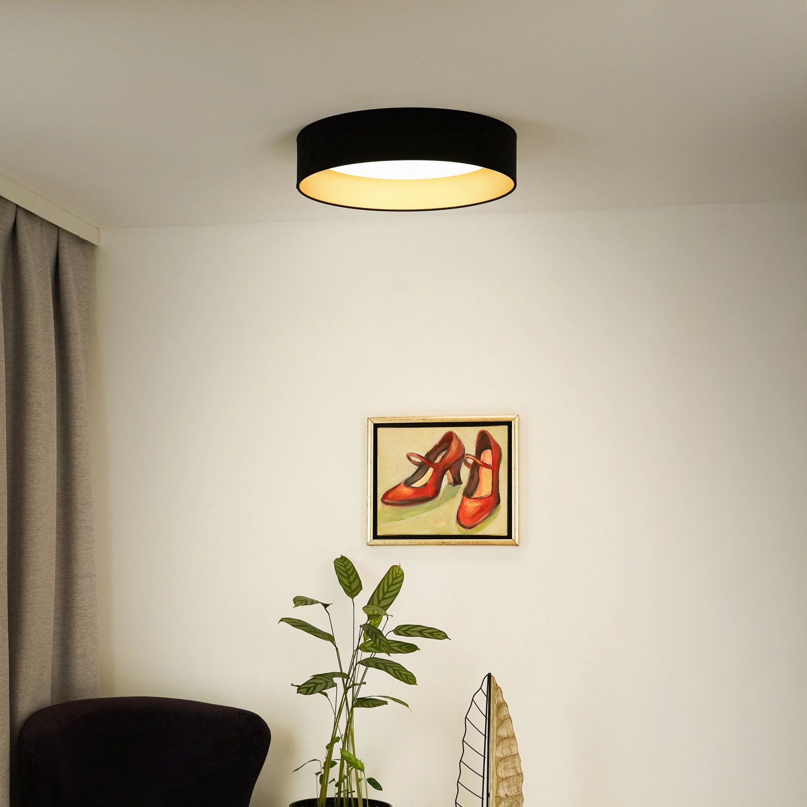 LED griestu gaismeklis Plafond, samts, melns/zelts, Ø 45 cm, 3 pakāpju