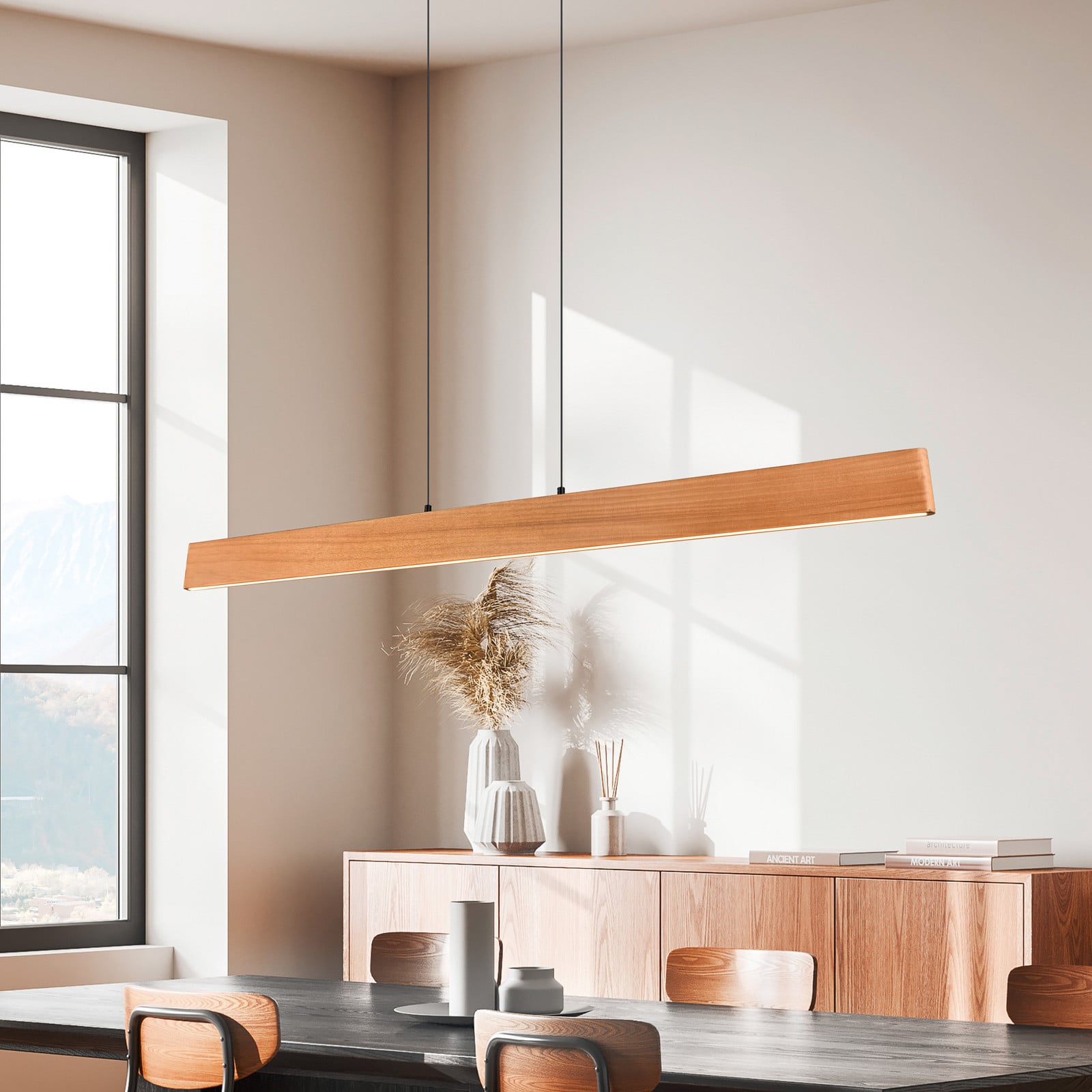 Trio Lighting Lampă suspendată LED Edgewood lungime 150 cm lemn de culoarea lemnului CCT - Camera de zi / sufragerie