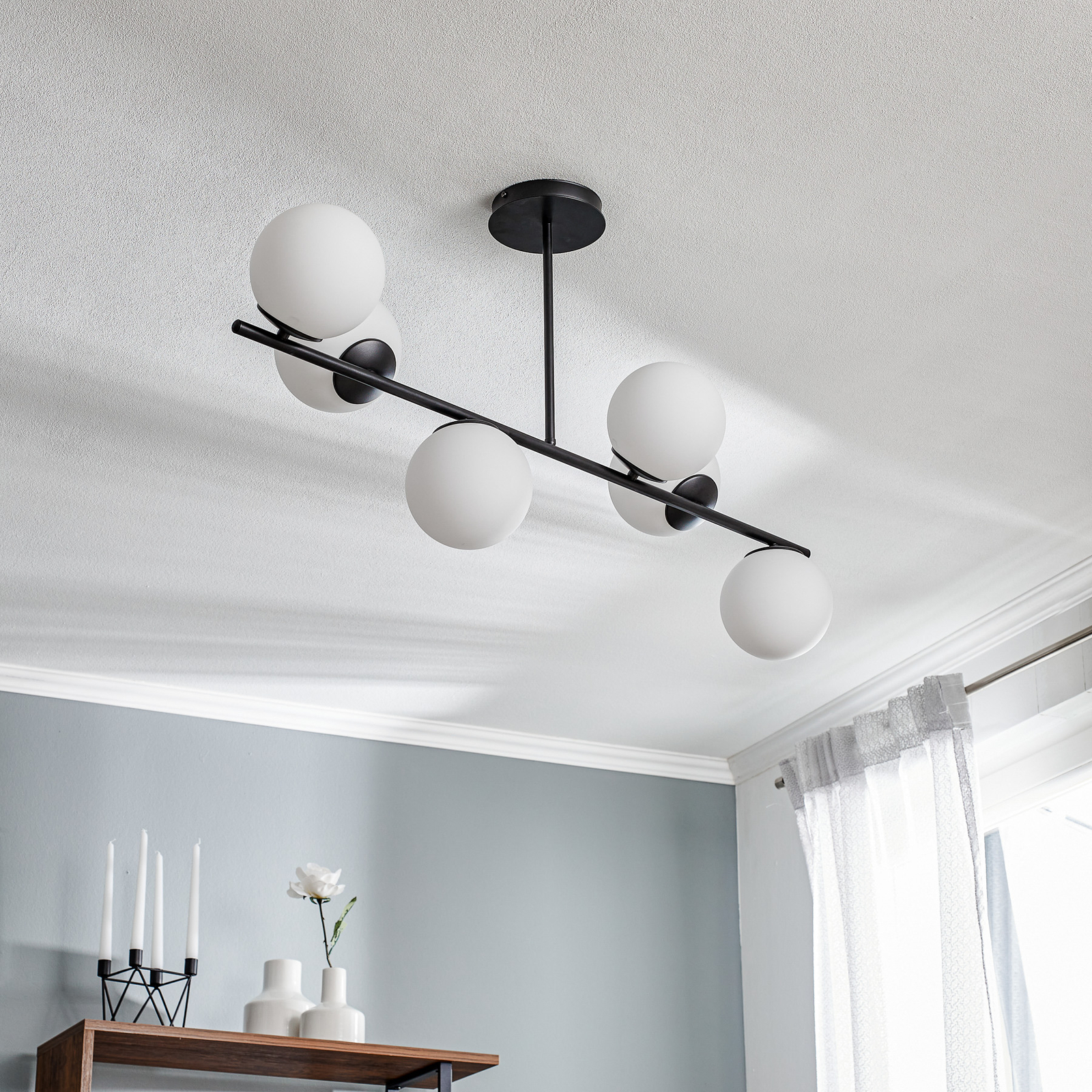 Kabo ceiling lamp, 1 arm, black, six-bulb