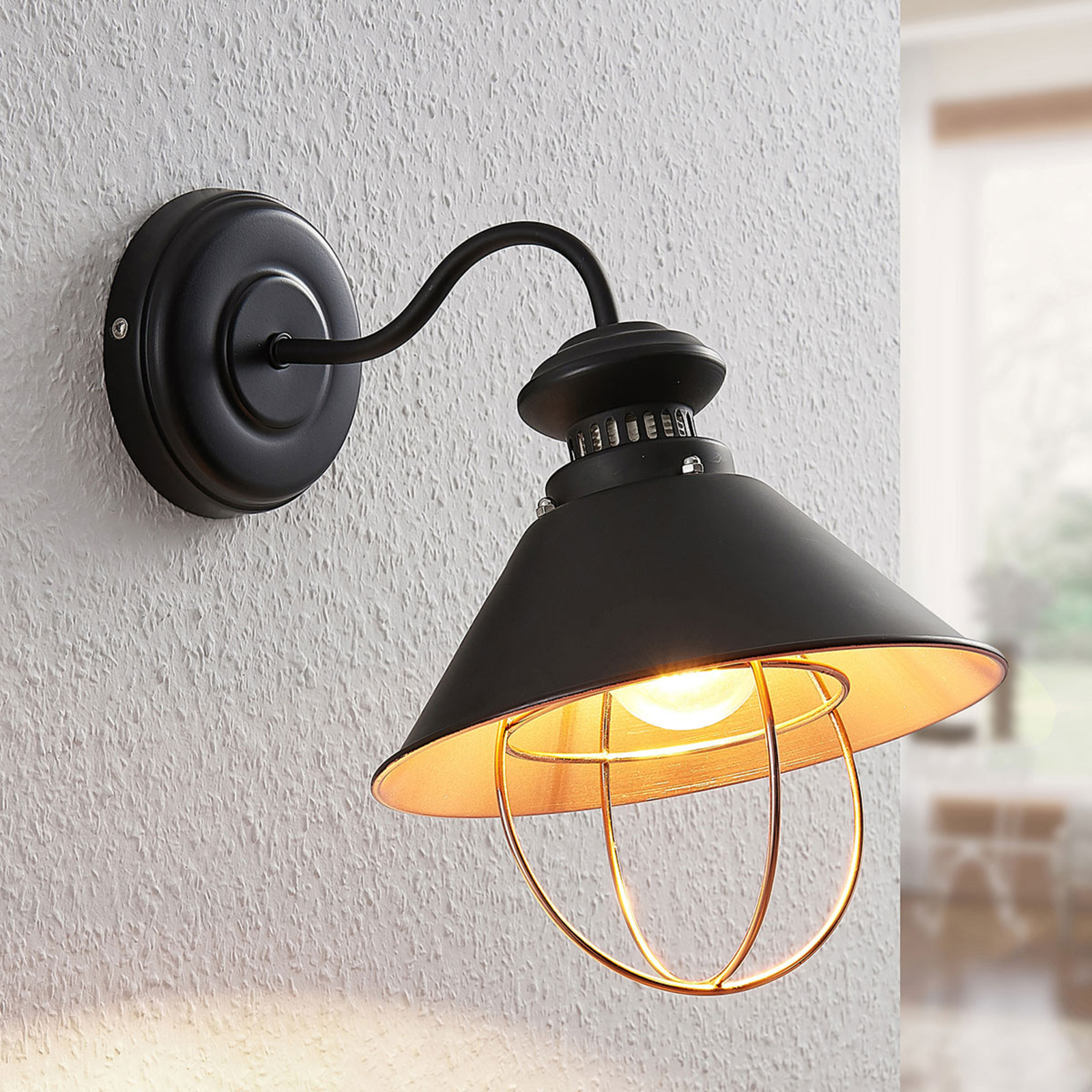 Wandlampe Aloisia mit Käfig, schwarz-kupfer