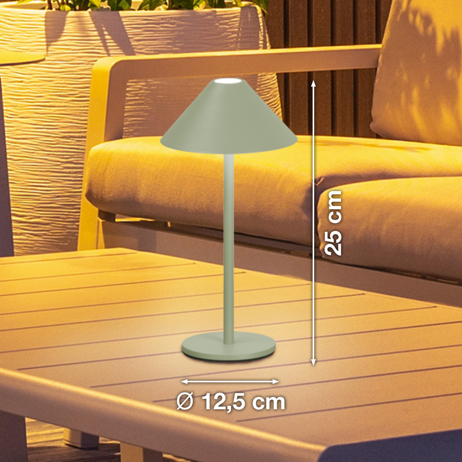 LED-Akku-Tischlampe Prato, salbeigrün Höhe 25 cm Metall IP54