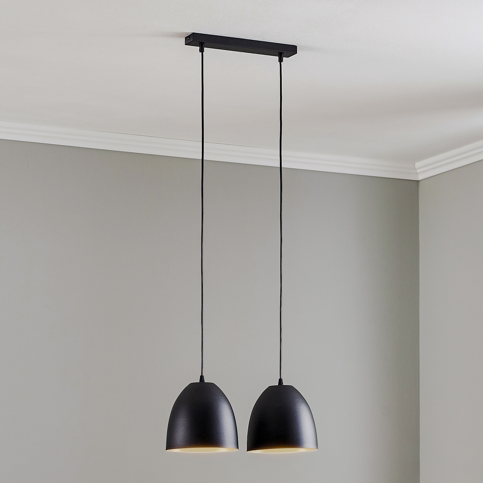 Lenox hanging light, two-bulb, black/gold