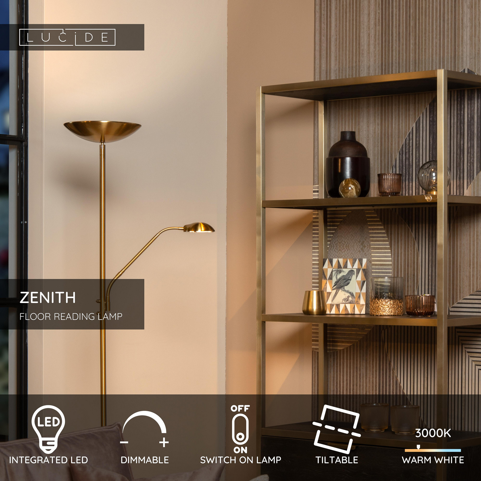 Piantana LED ZENITH, dorata, a 2 luci, altezza 180 cm, in metallo, dimmerabile Piantana LED ZENITH, dorata, a 2 luci, altezza 180 cm, in metallo, dimmerabile
