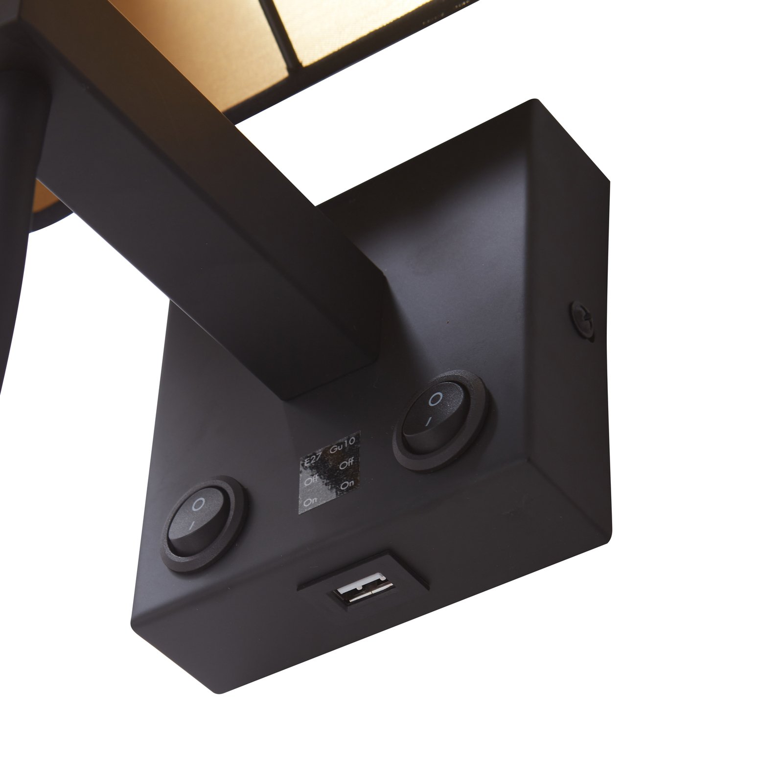 Lindby wall light Thorid, black/gold, fabric, USB, flex arm